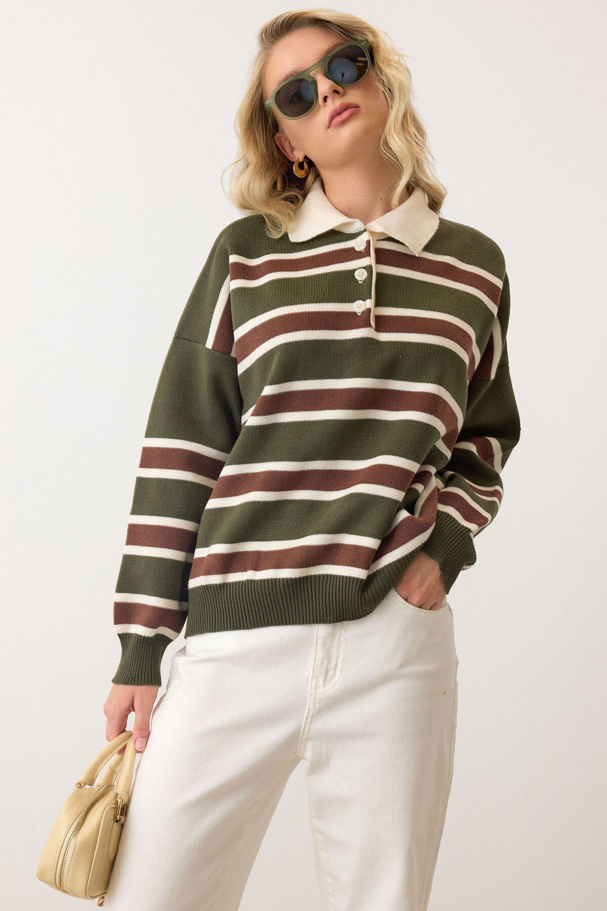 Polo Yaka Çizgili Triko Kazak