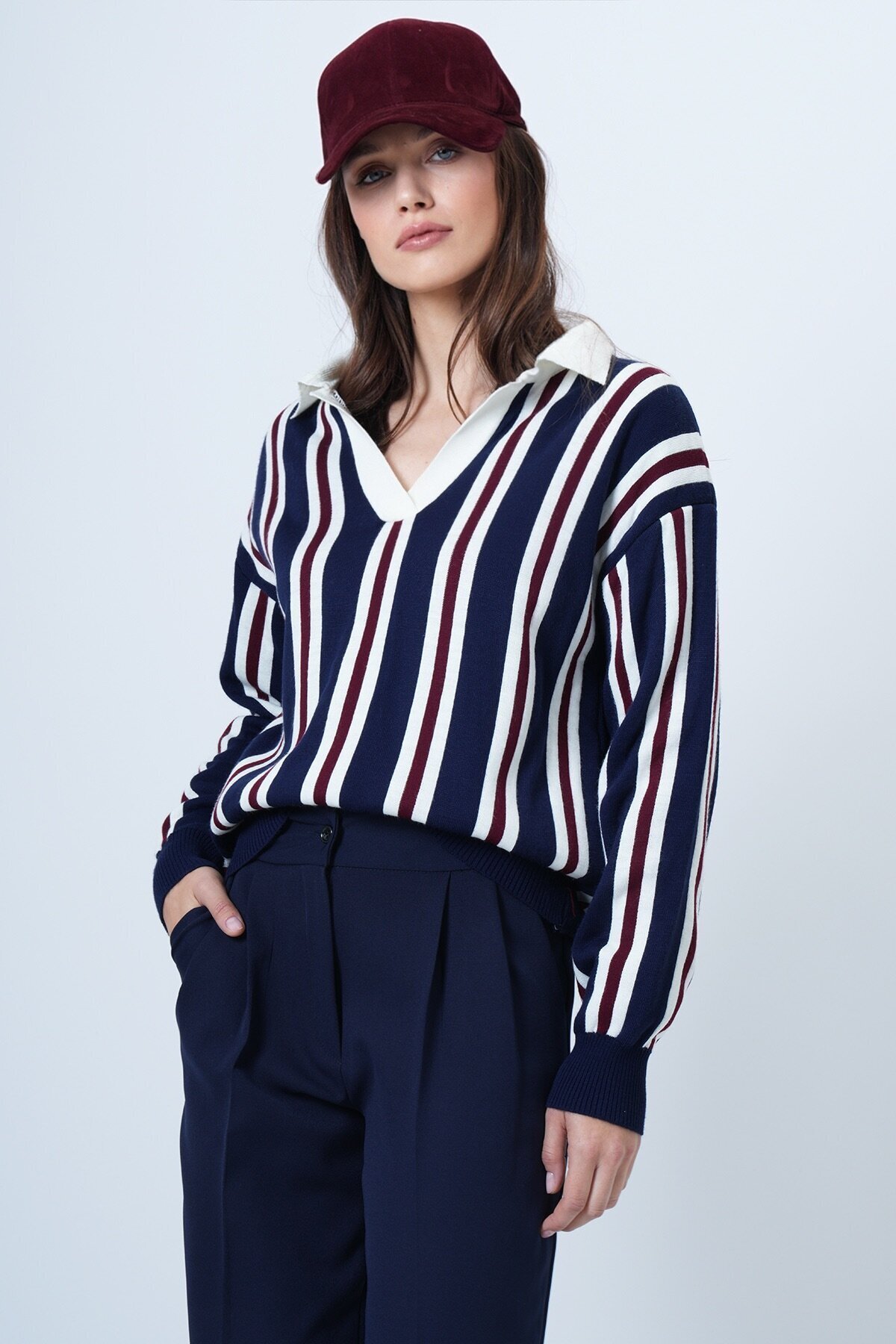 Polo Yaka Çizgili Triko Kazak