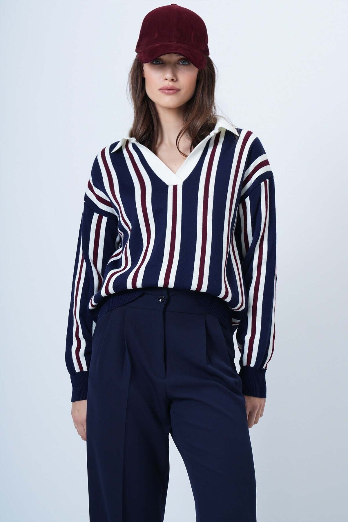 Polo Yaka Çizgili Triko Kazak