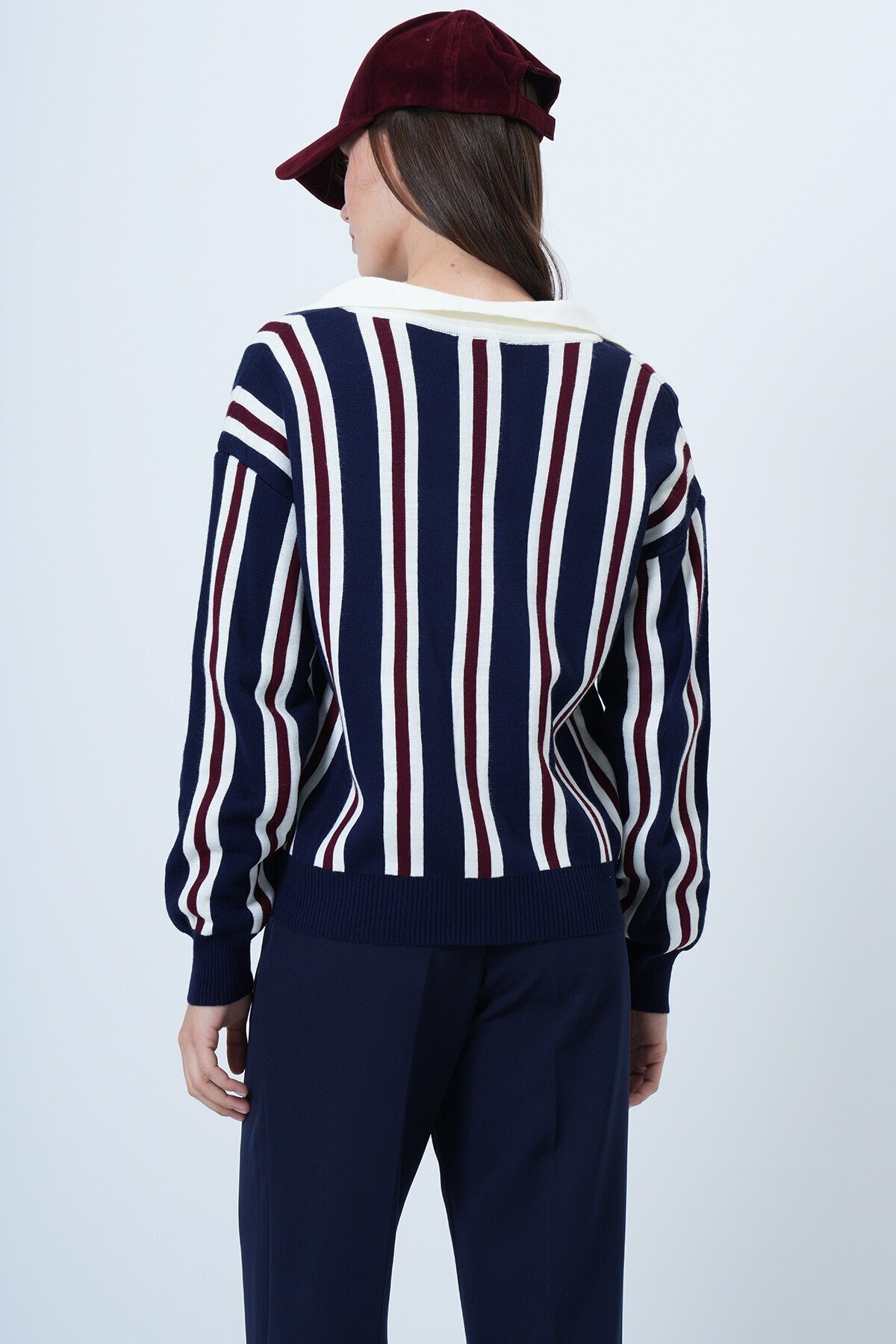 Polo Yaka Çizgili Triko Kazak