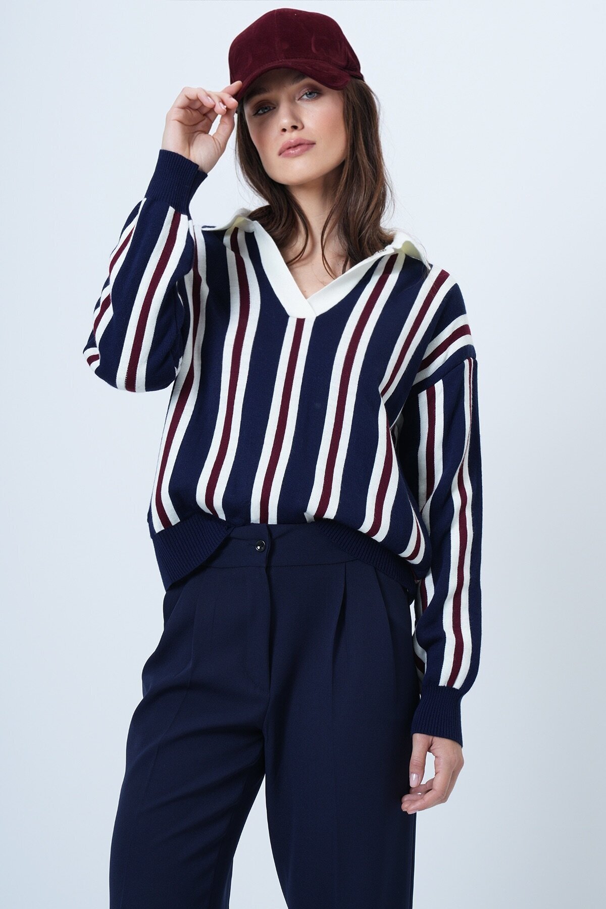Polo Yaka Çizgili Triko Kazak