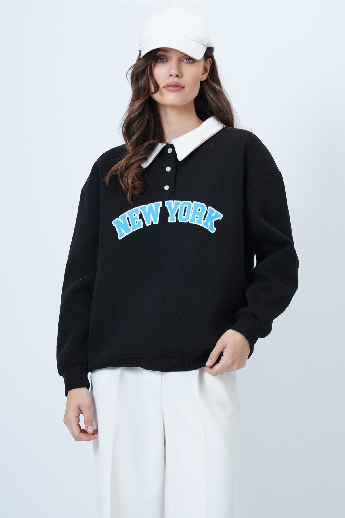 Polo Yaka Düğme DEtaylı Baskılı Oversize Sweatshirt