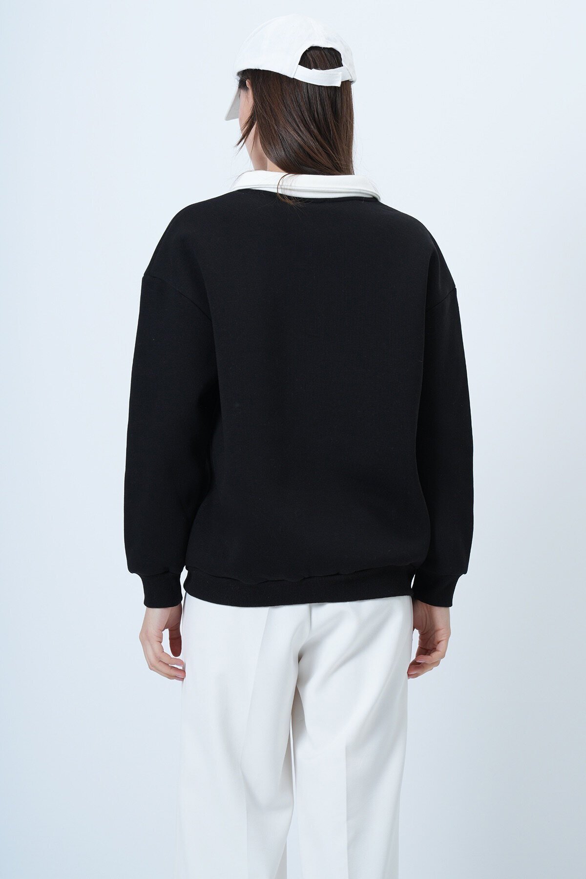 Polo Yaka Düğme DEtaylı Baskılı Oversize Sweatshirt