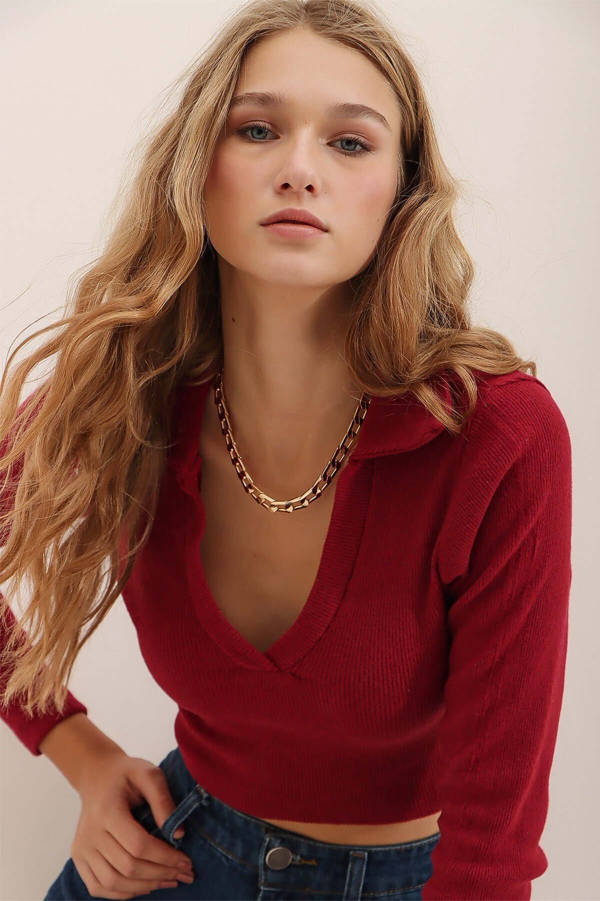 Polo Yaka Fitilli Yumuşak Dokulu Crop Bluz