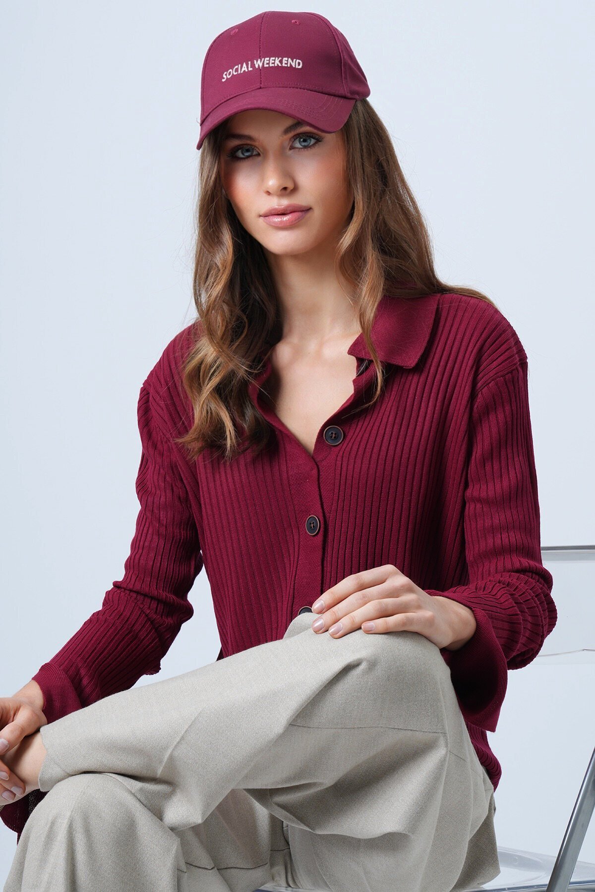 Polo Yaka Önü Düğmeli Fitilli Kolları Balenli Triko Bluz