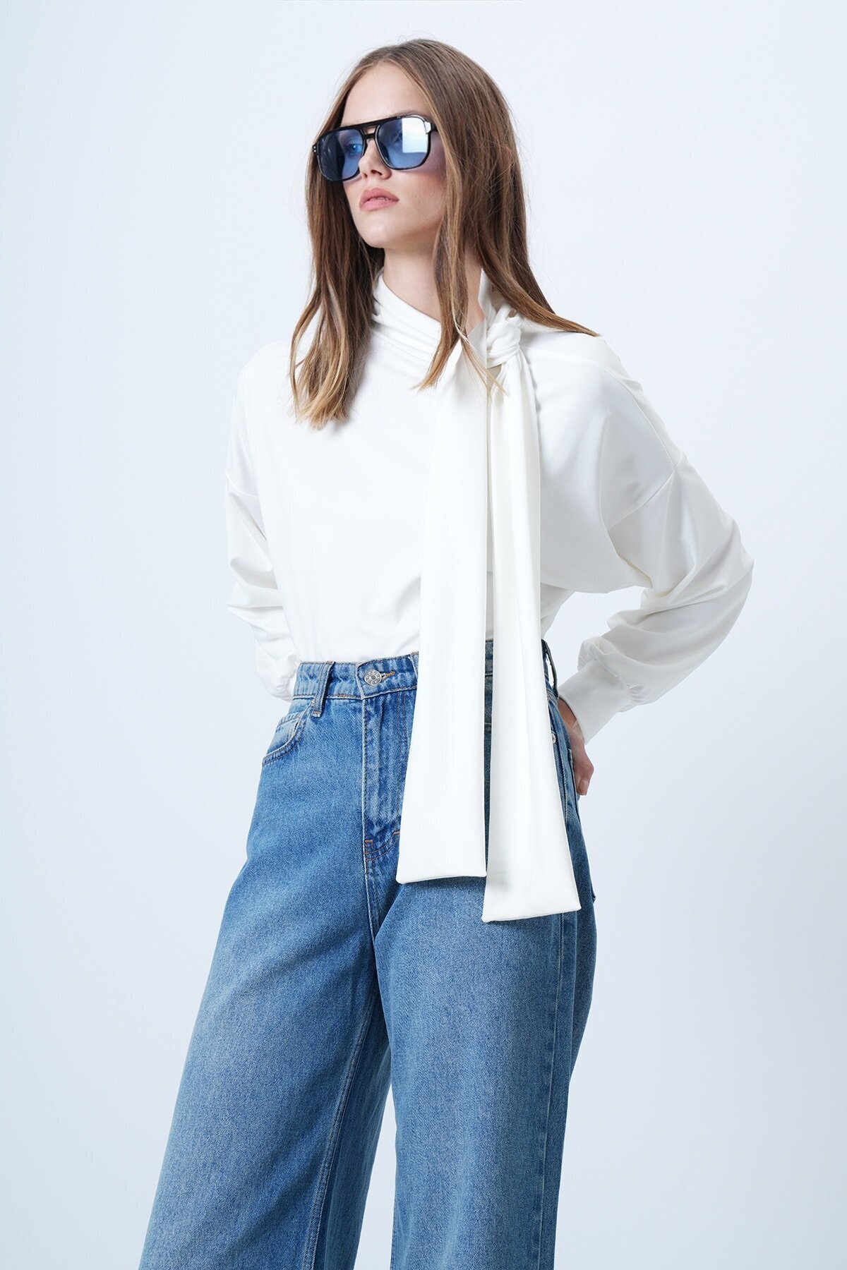 Şal Detaylı Regular Fit Modal Kumaş Bluz