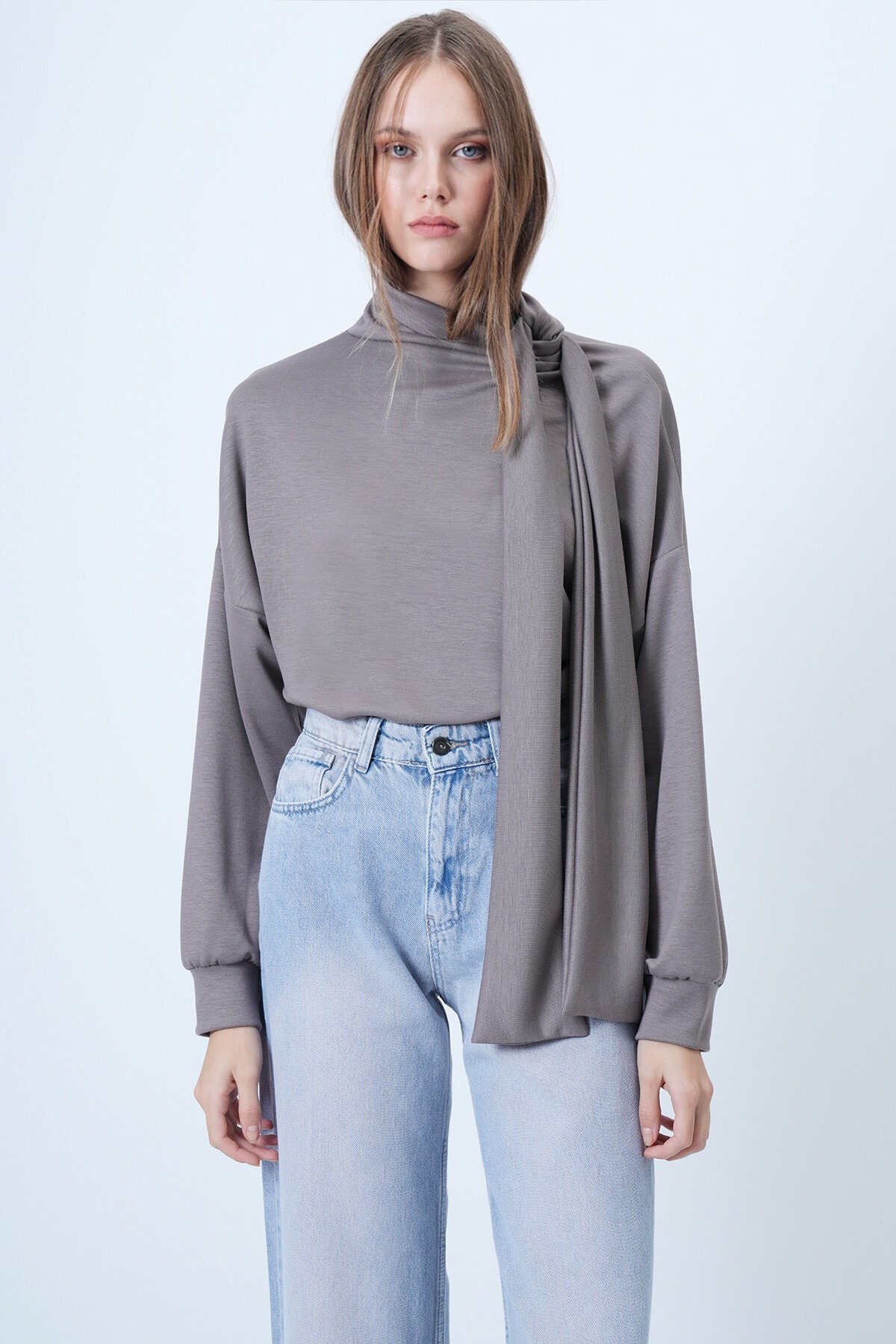 Şal Detaylı Regular Fit Modal Kumaş Bluz