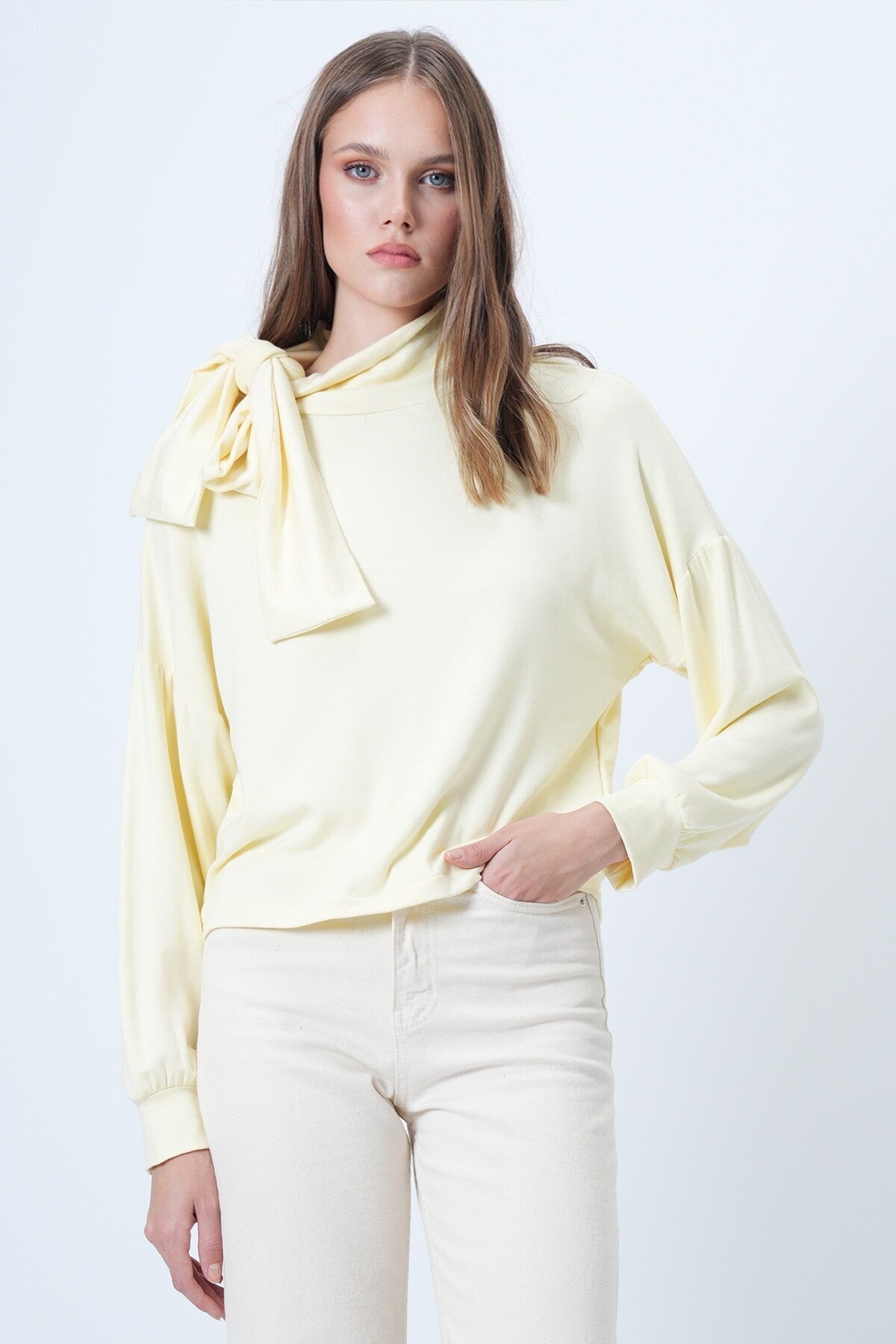 Şal Detaylı Regular Fit Modal Kumaş Bluz