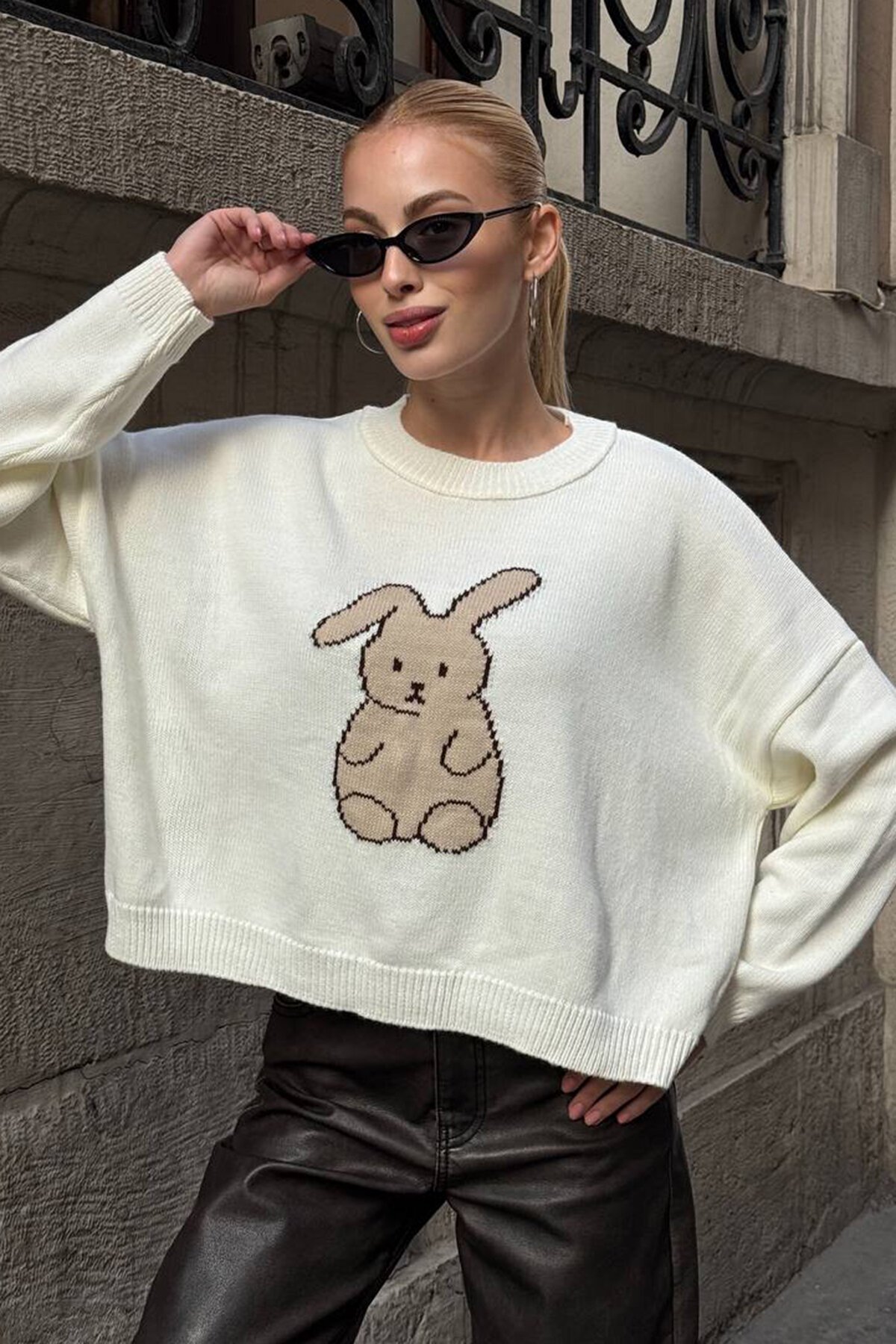 Tavşan Baskılı Bisiklet Yaka Oversize Triko Kazak