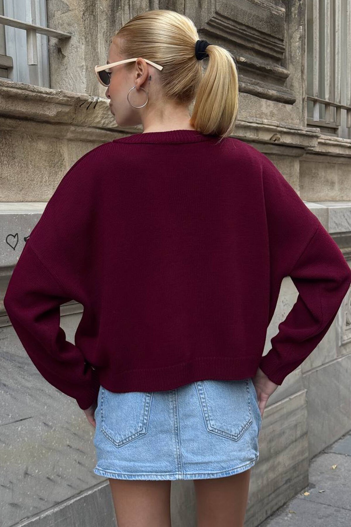 Tavşan Baskılı Bisiklet Yaka Oversize Triko Kazak