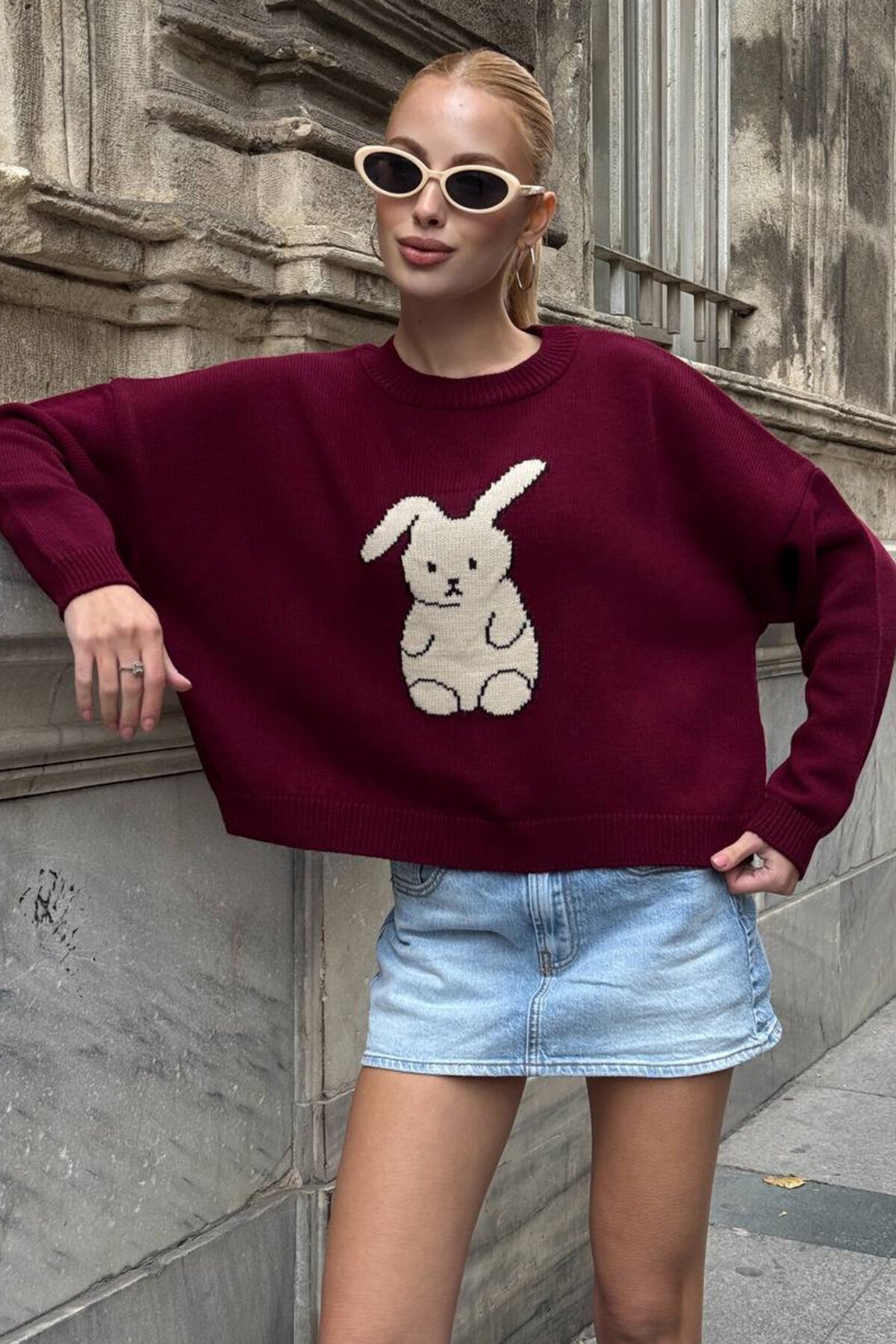 Tavşan Baskılı Bisiklet Yaka Oversize Triko Kazak