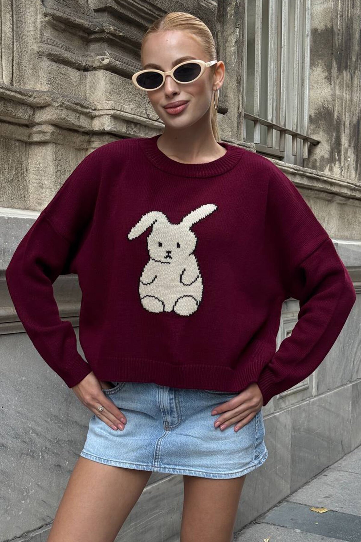 Tavşan Baskılı Bisiklet Yaka Oversize Triko Kazak