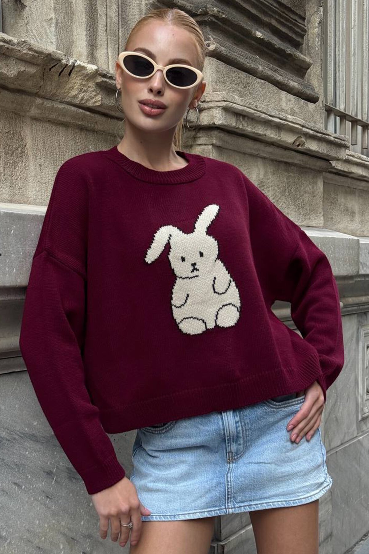 Tavşan Baskılı Bisiklet Yaka Oversize Triko Kazak