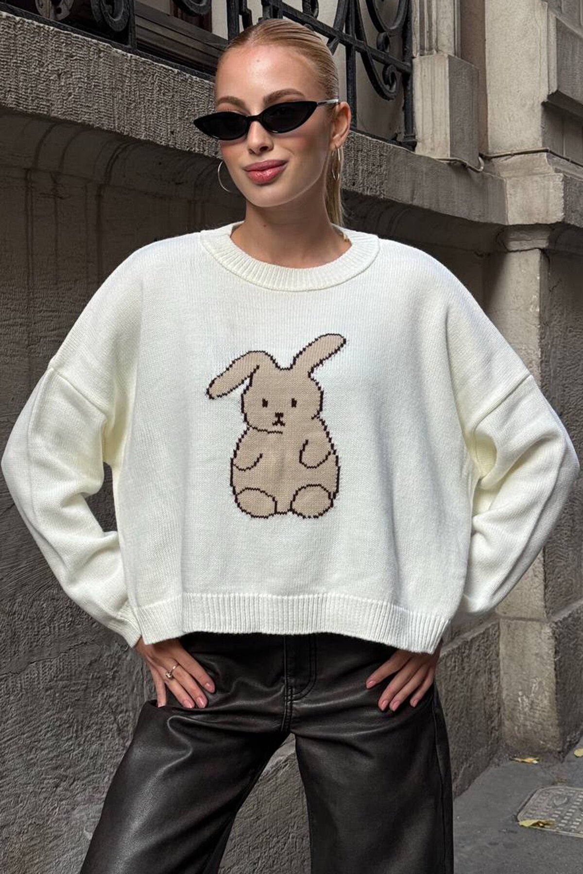 Tavşan Baskılı Bisiklet Yaka Oversize Triko Kazak