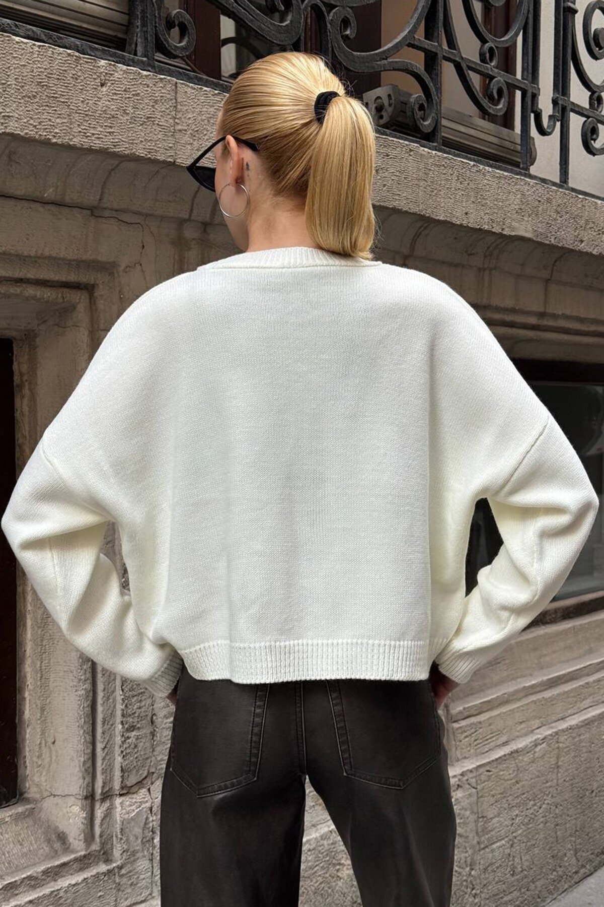 Tavşan Baskılı Bisiklet Yaka Oversize Triko Kazak