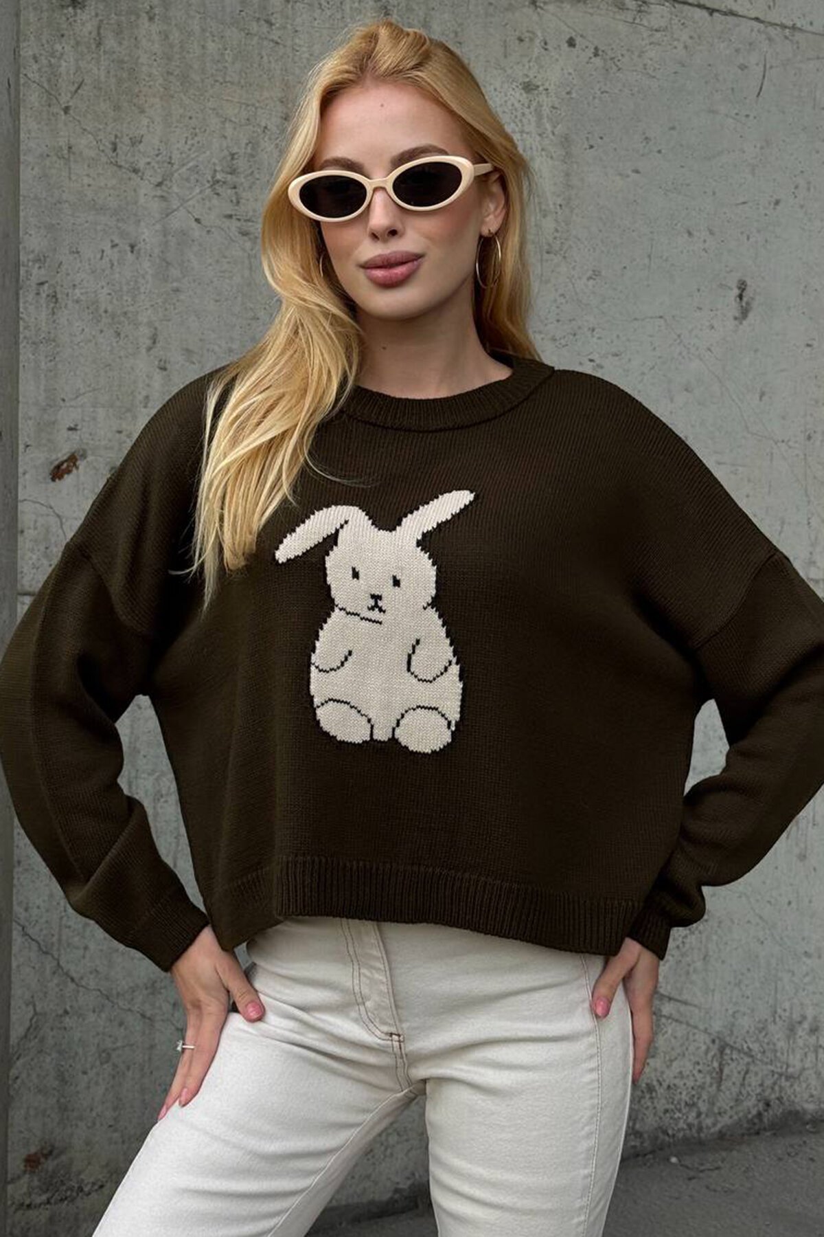 Tavşan Baskılı Bisiklet Yaka Oversize Triko Kazak