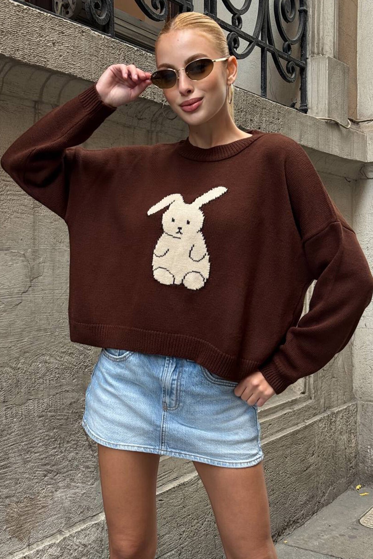 Tavşan Baskılı Bisiklet Yaka Oversize Triko Kazak