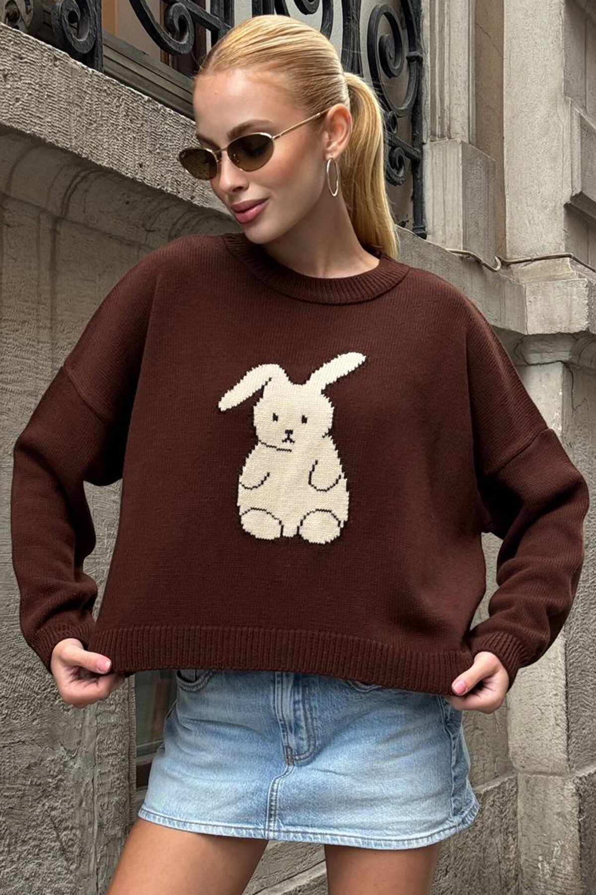 Tavşan Baskılı Bisiklet Yaka Oversize Triko Kazak