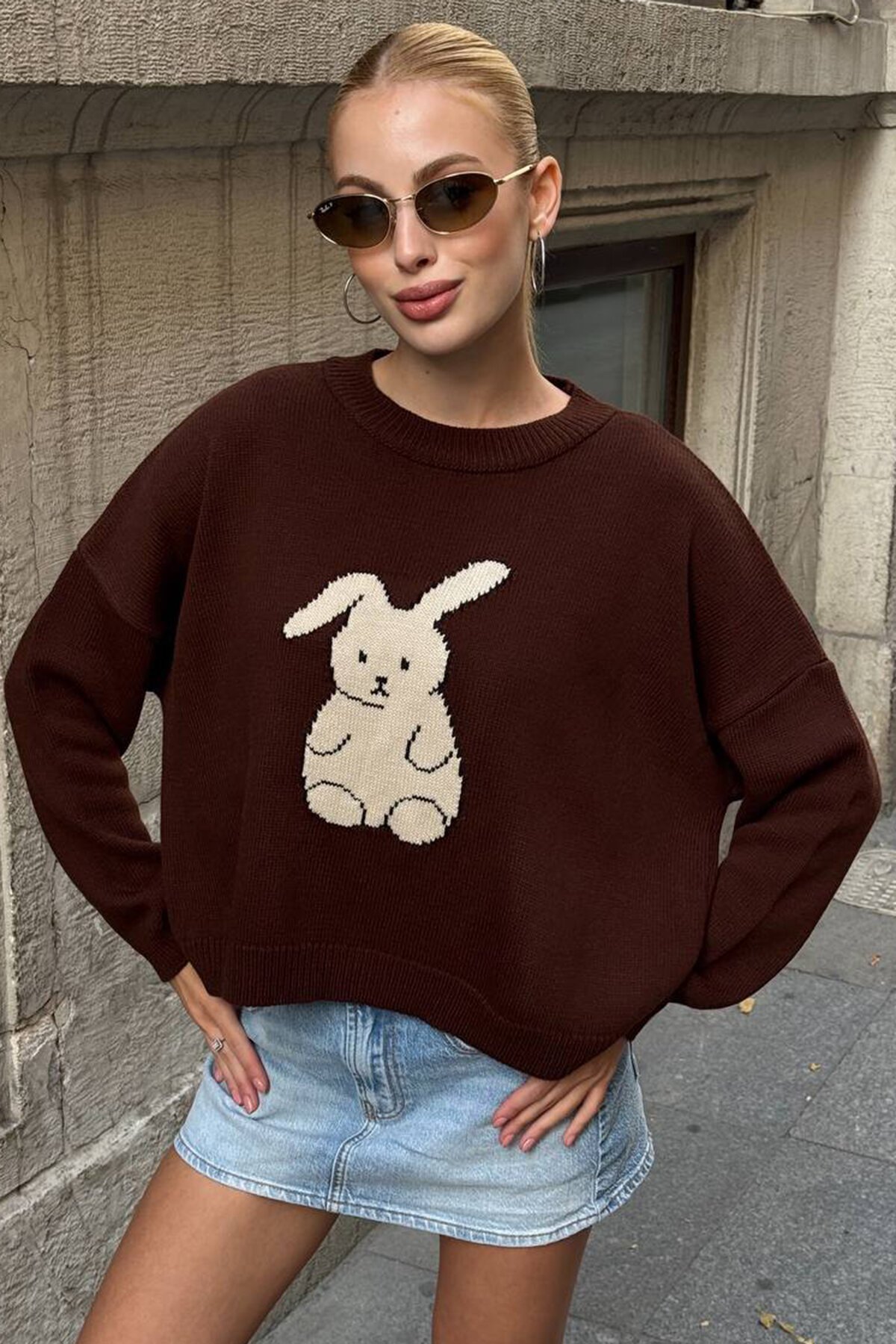 Tavşan Baskılı Bisiklet Yaka Oversize Triko Kazak