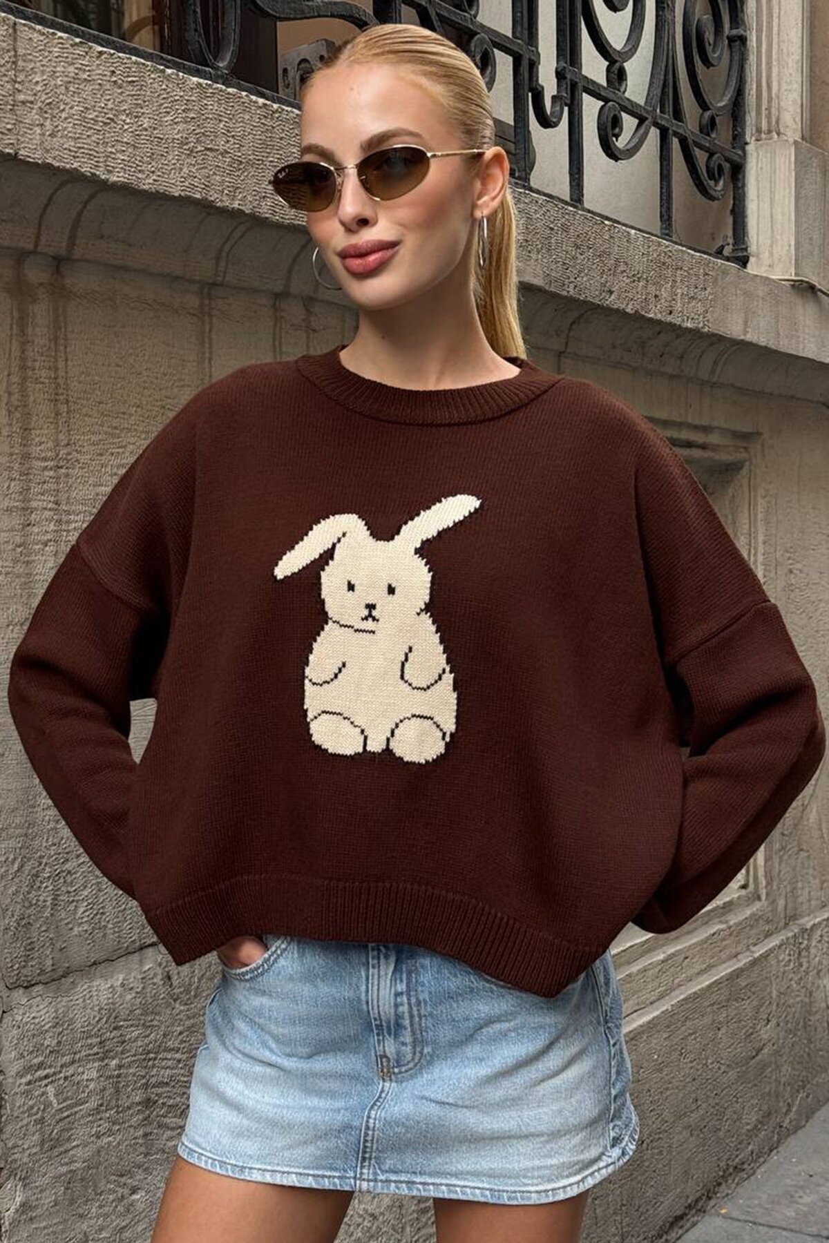 Tavşan Baskılı Bisiklet Yaka Oversize Triko Kazak