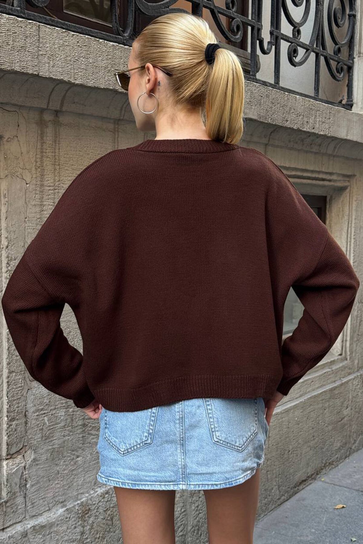 Tavşan Baskılı Bisiklet Yaka Oversize Triko Kazak