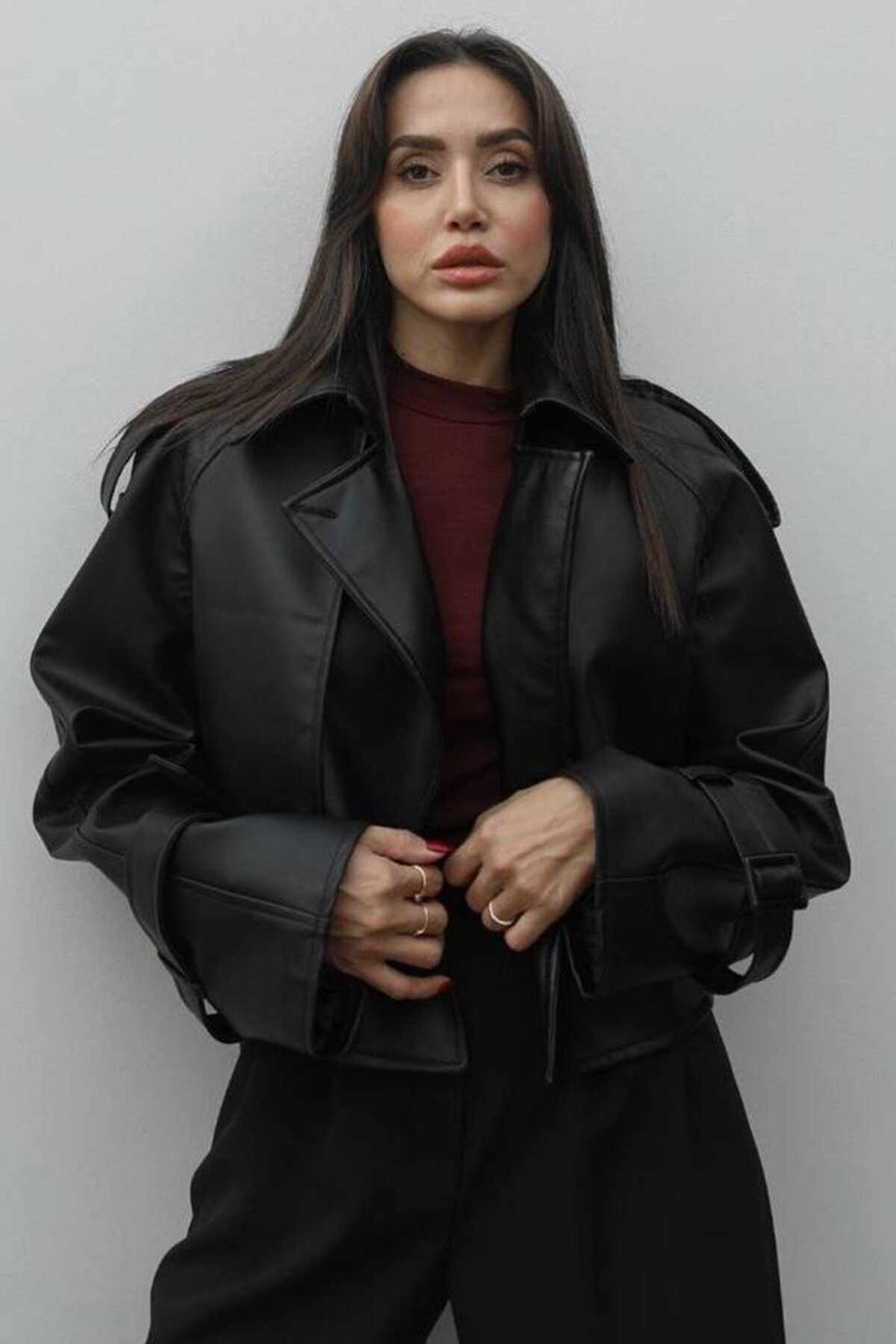 Toka Detaylı Oversize Suni Deri Ceket