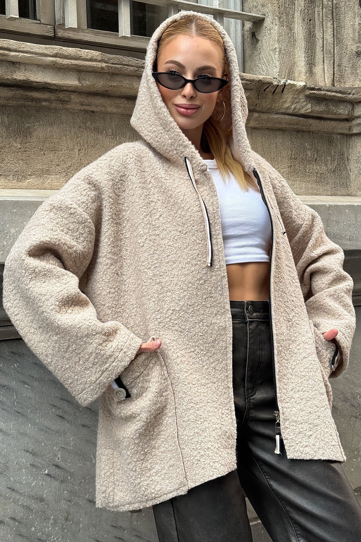 Torba Cepli Kapüşonlu Fermuar Kapamalı Kaşe Kaban