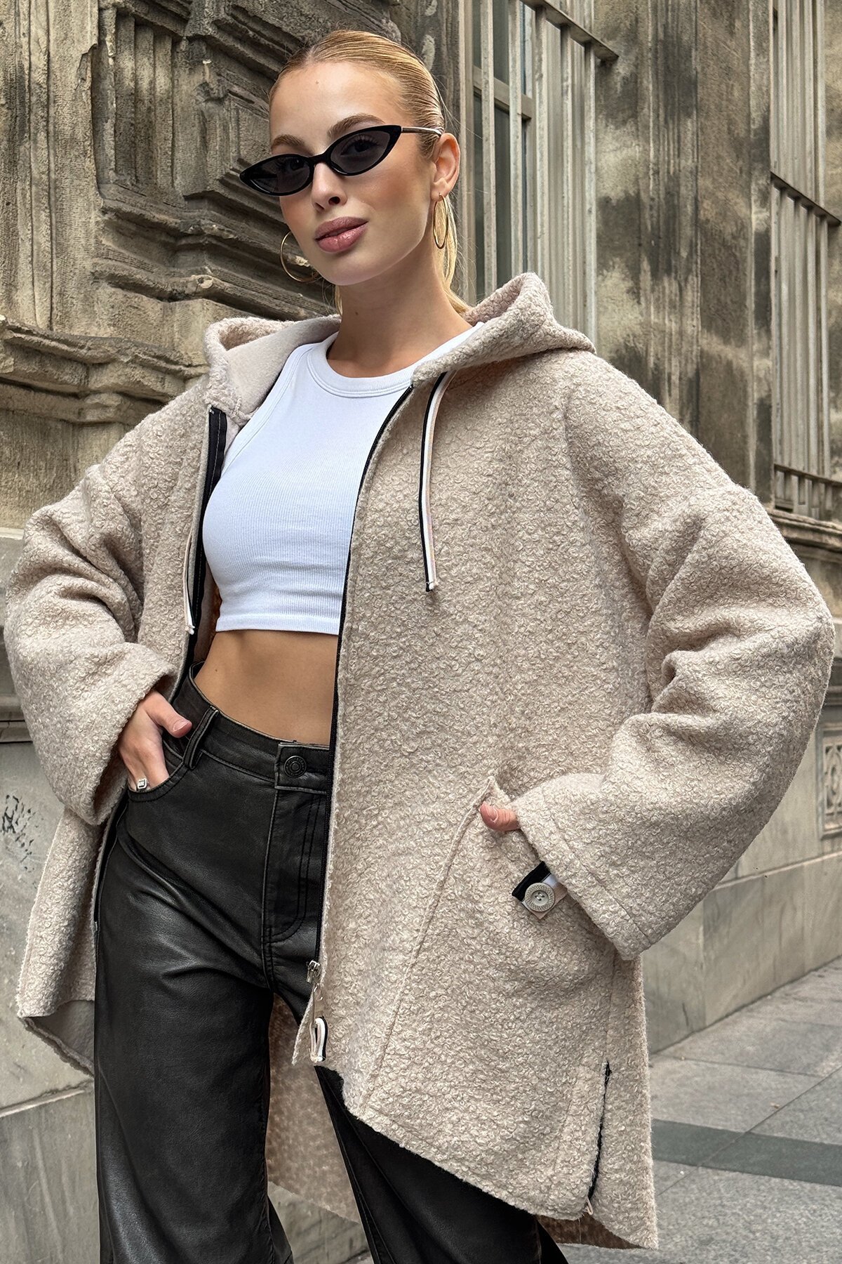 Torba Cepli Kapüşonlu Fermuar Kapamalı Kaşe Kaban