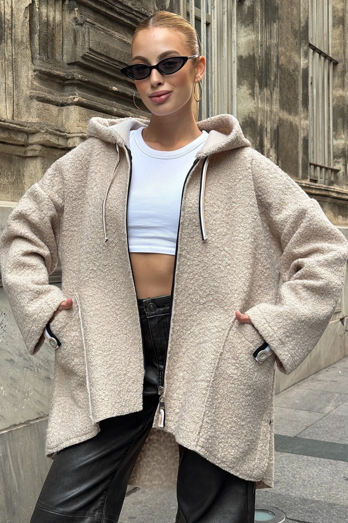 Torba Cepli Kapüşonlu Fermuar Kapamalı Kaşe Kaban