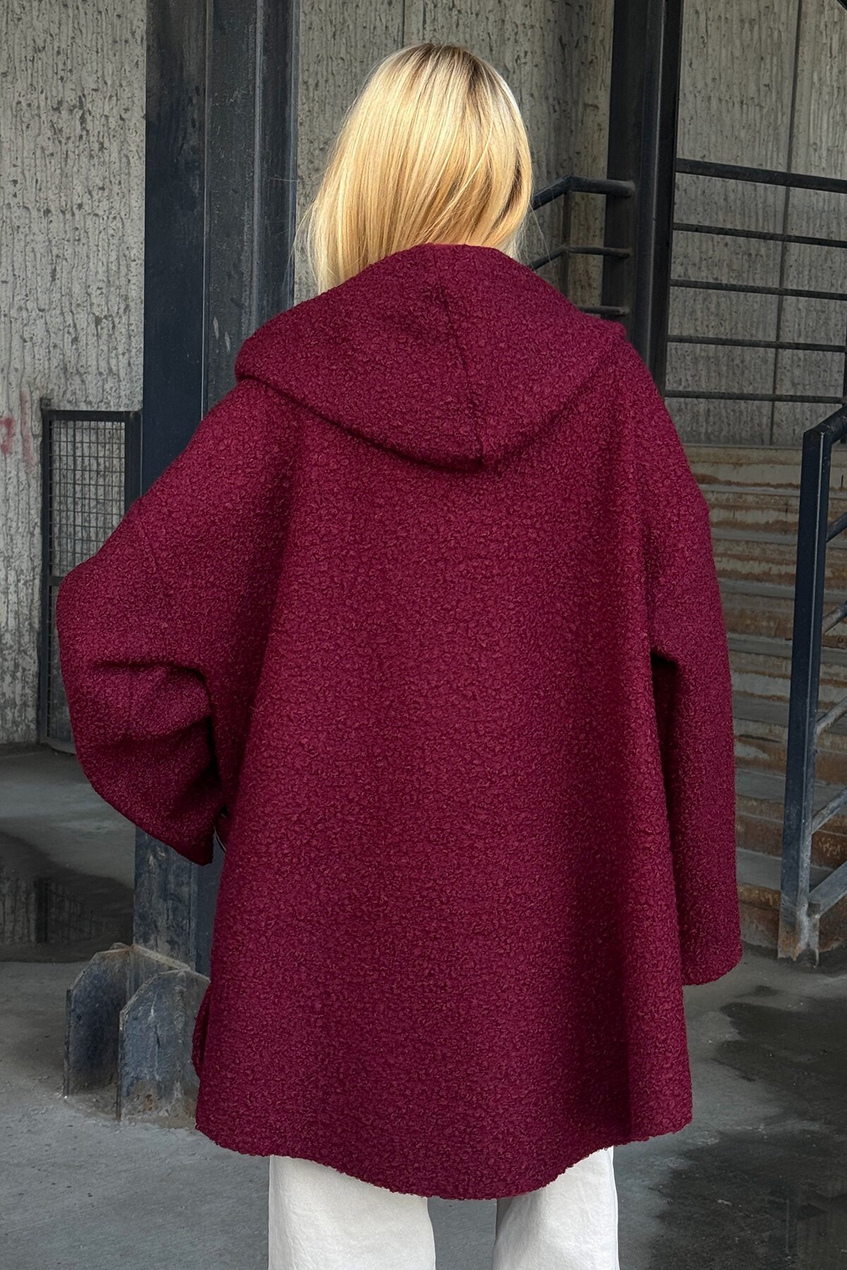 Bordo Torba Cepli Kapüşonlu Fermuar Kapamalı Astarsız Kaban