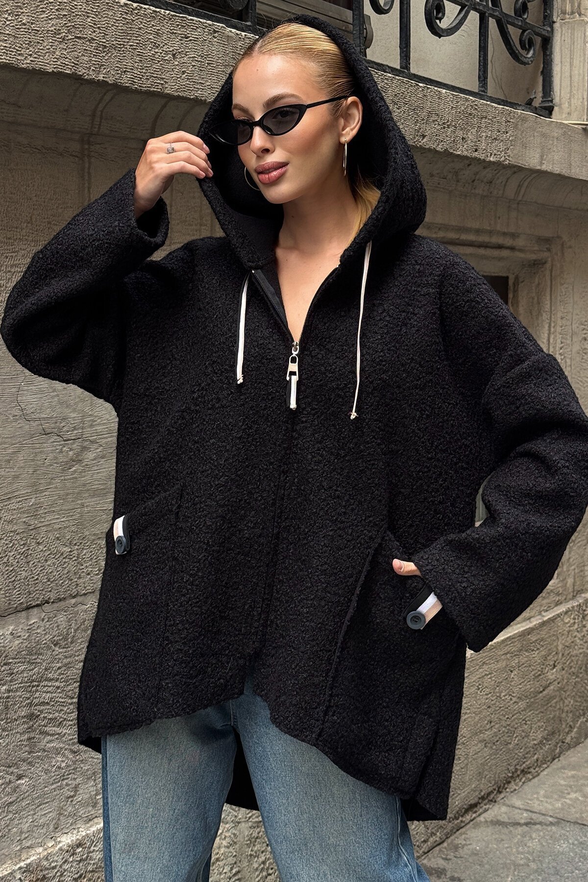 Torba Cepli Kapüşonlu Fermuar Kapamalı Kaşe Kaban