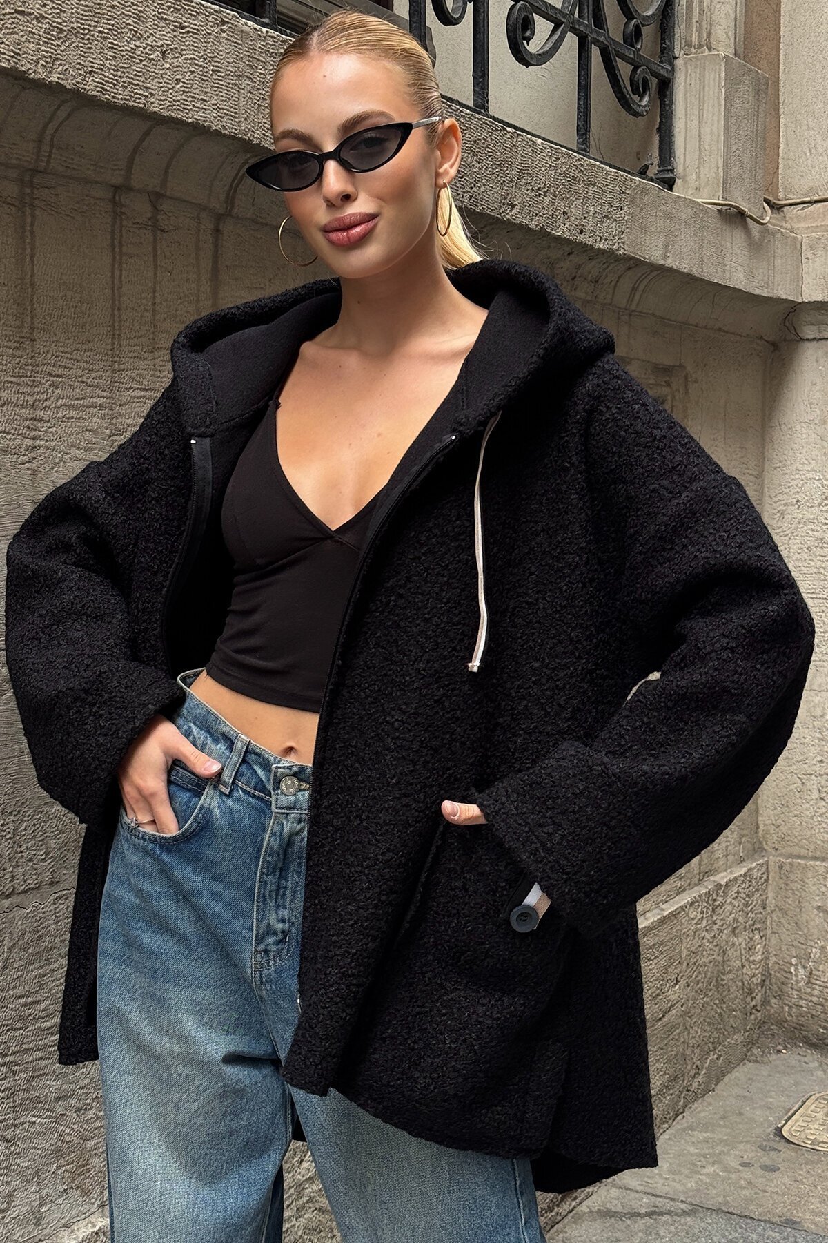 Torba Cepli Kapüşonlu Fermuar Kapamalı Kaşe Kaban