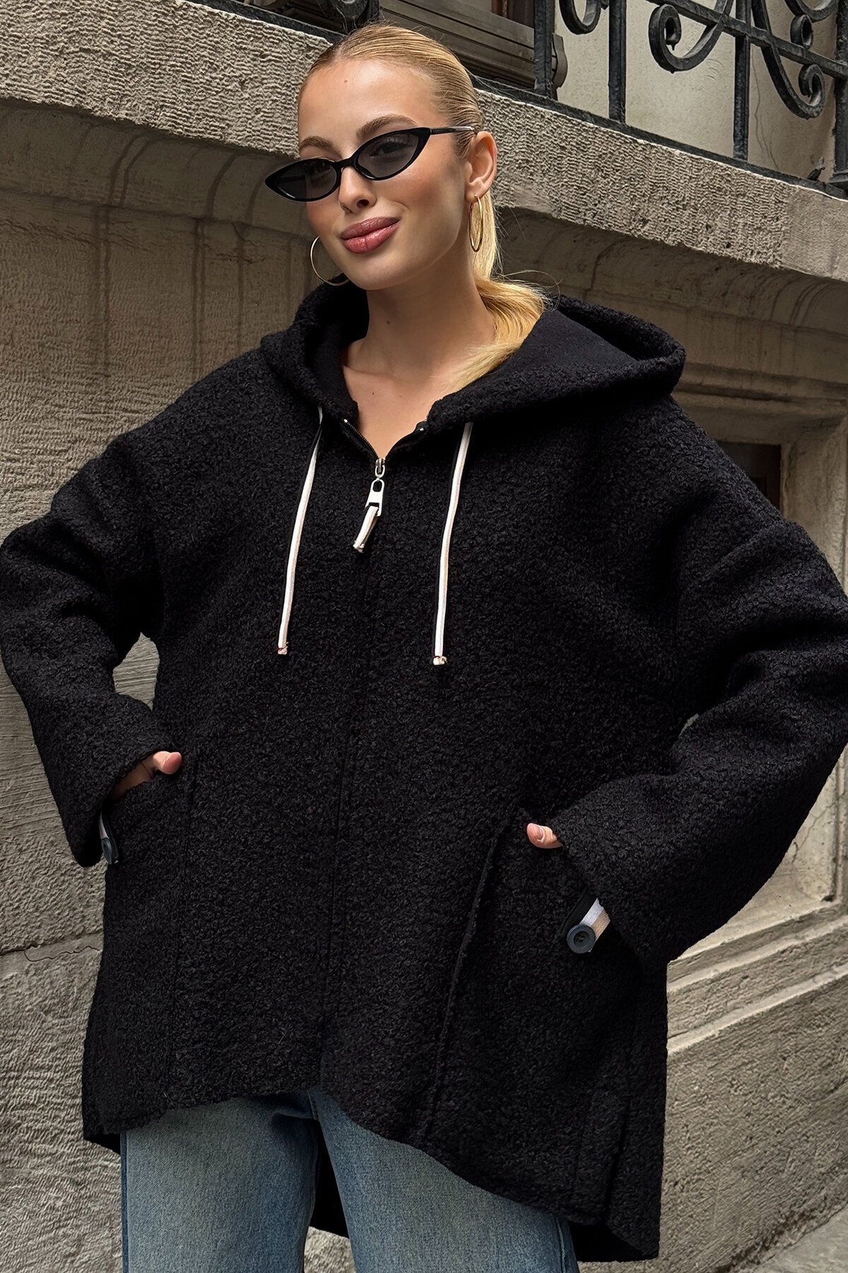 Torba Cepli Kapüşonlu Fermuar Kapamalı Kaşe Kaban