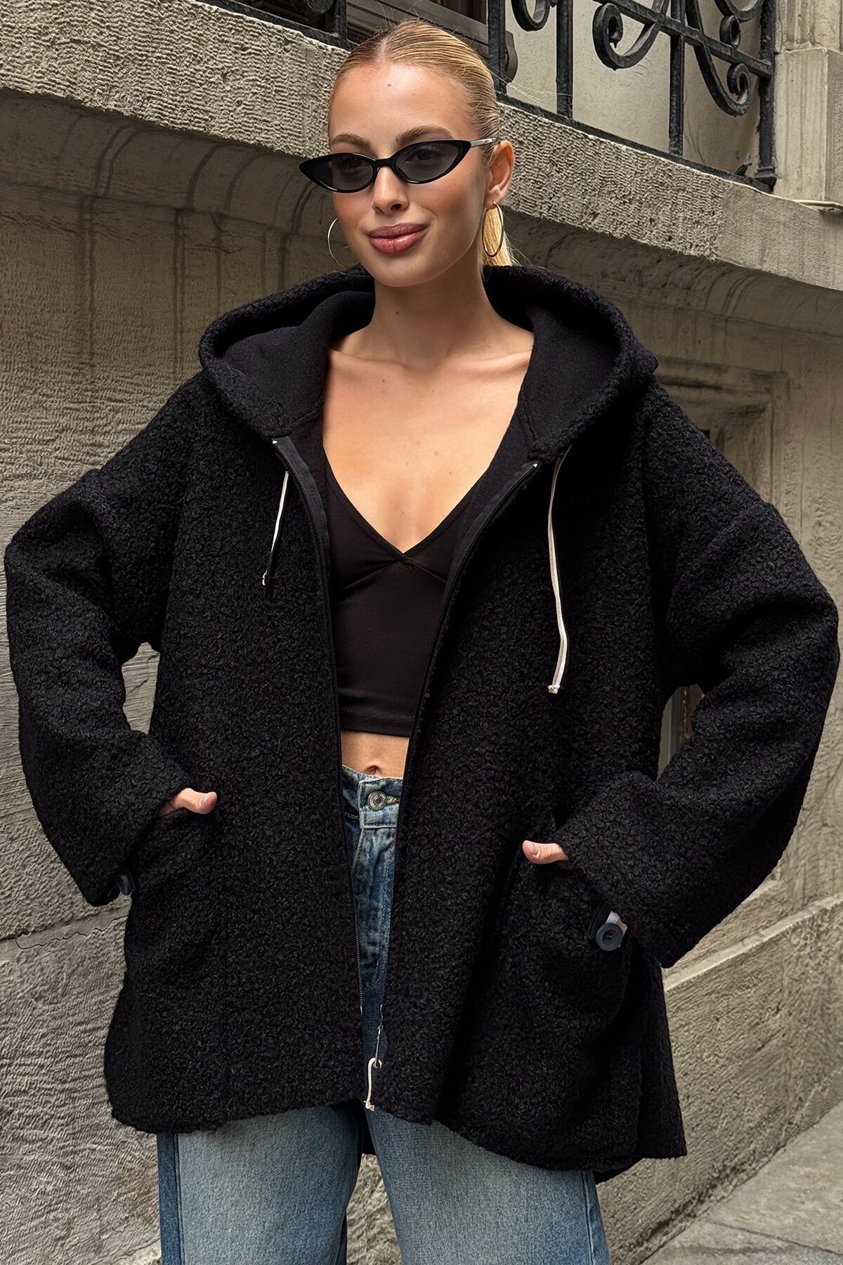 Torba Cepli Kapüşonlu Fermuar Kapamalı Kaşe Kaban