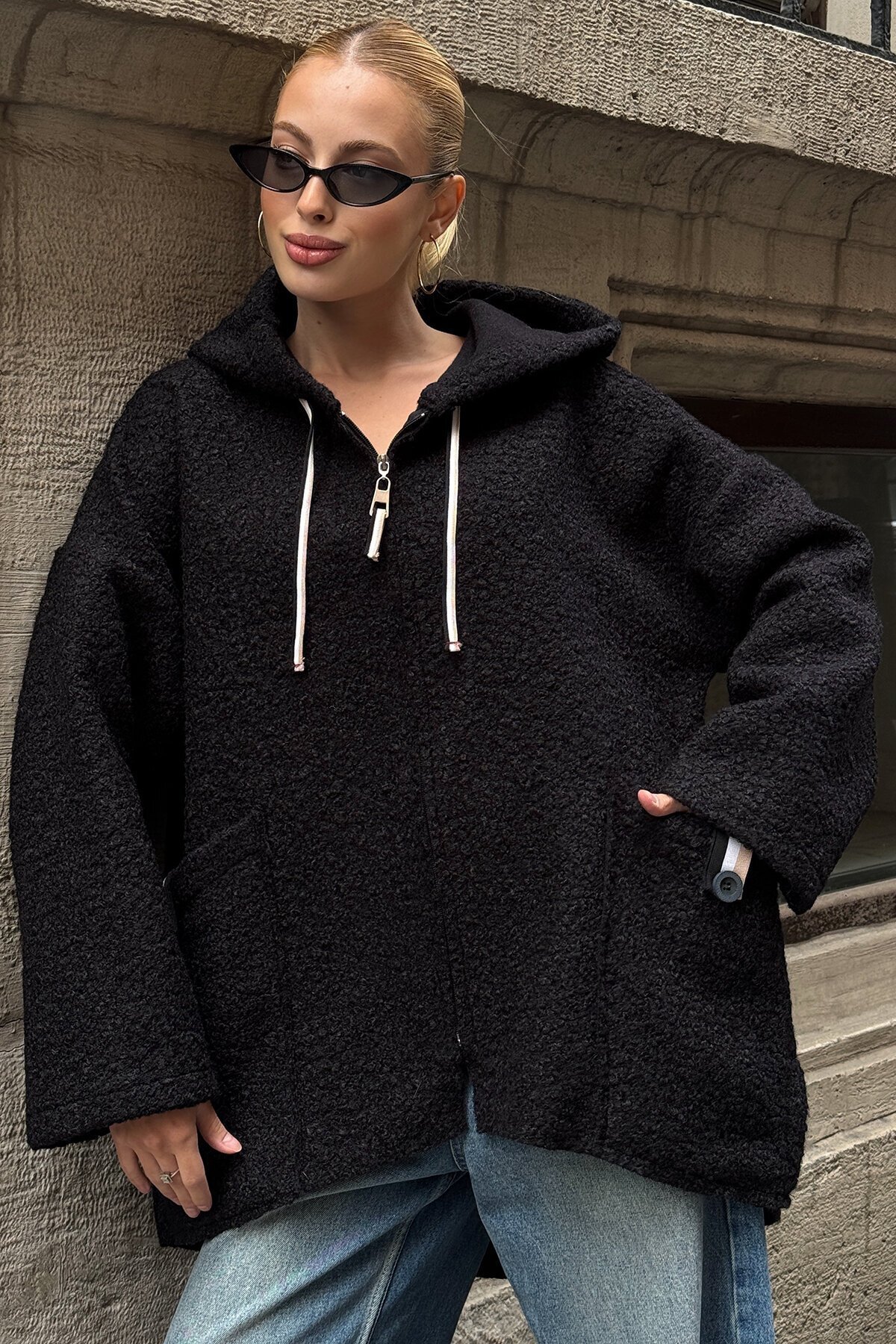 Torba Cepli Kapüşonlu Fermuar Kapamalı Kaşe Kaban