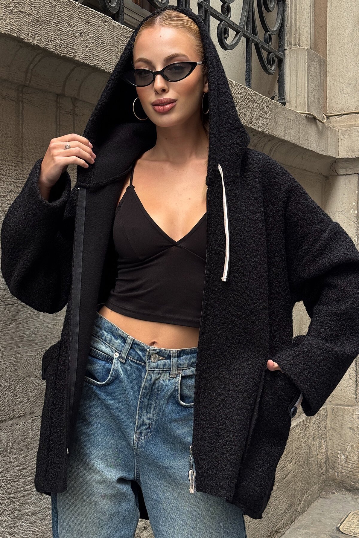 Torba Cepli Kapüşonlu Fermuar Kapamalı Kaşe Kaban