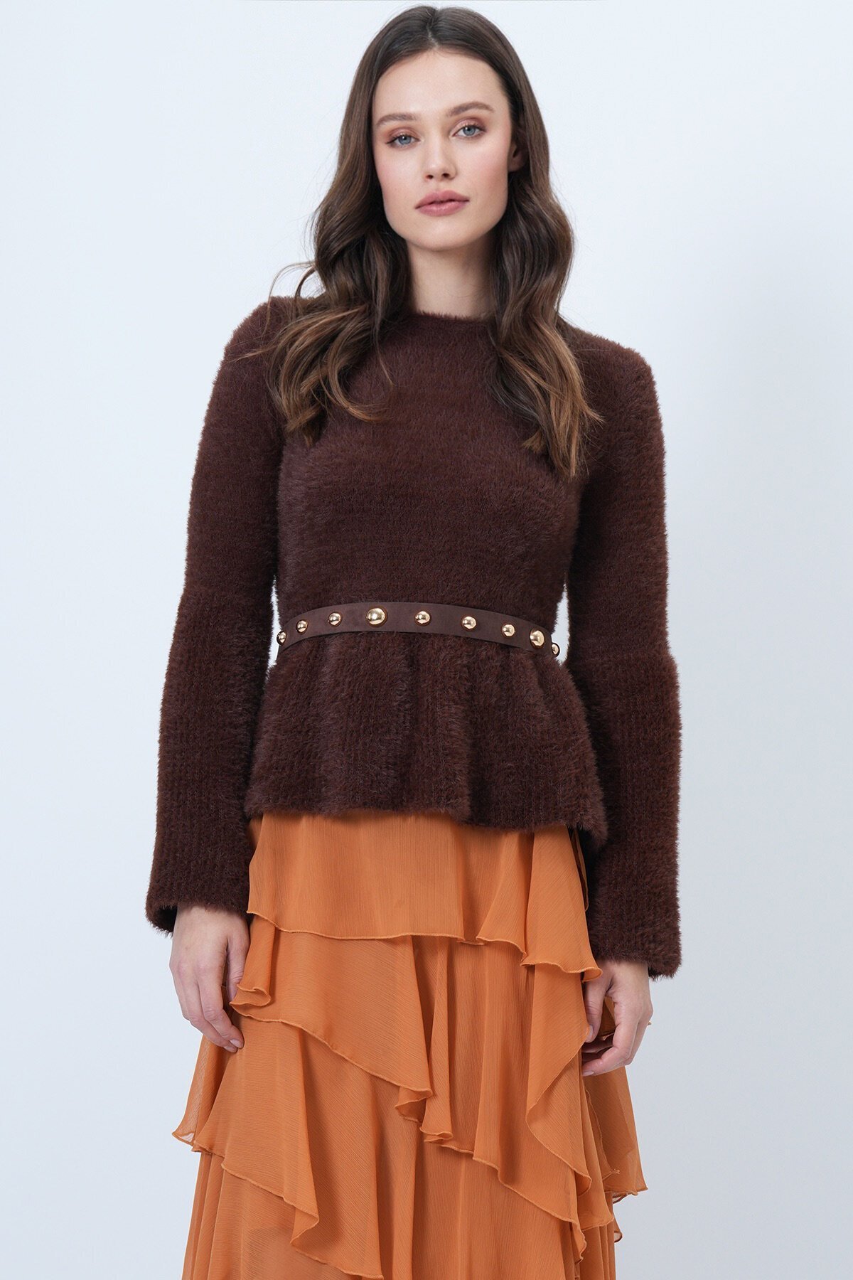 Uzun Kollu Fırfırlı Triko Yumoş  Kazak