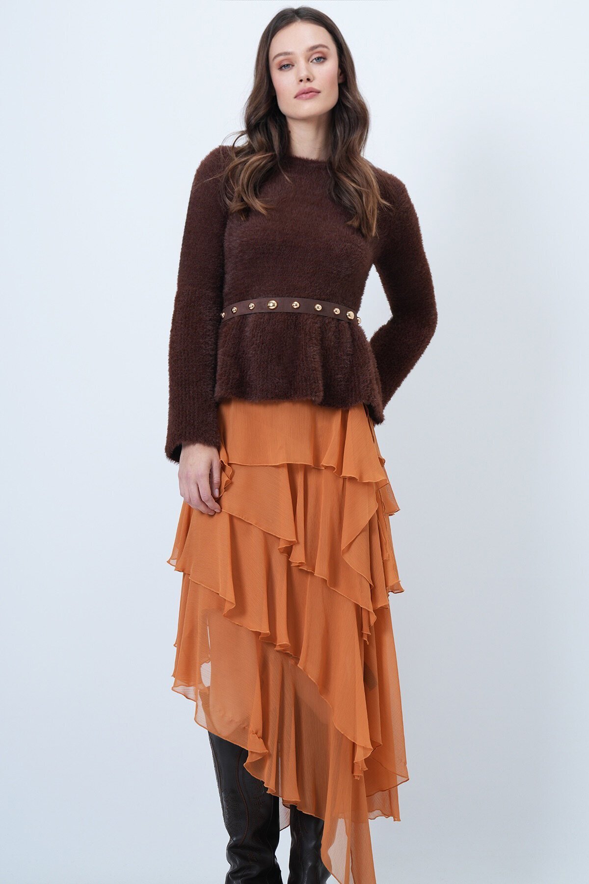 Uzun Kollu Fırfırlı Triko Yumoş  Kazak