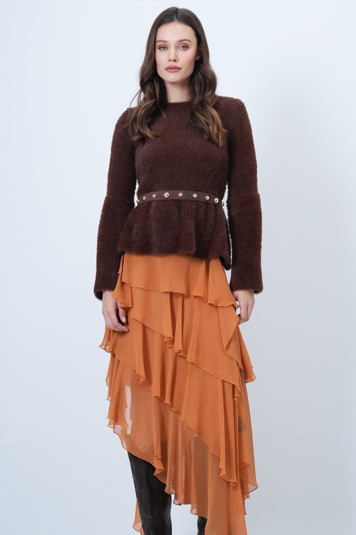 Uzun Kollu Fırfırlı Triko Yumoş  Kazak