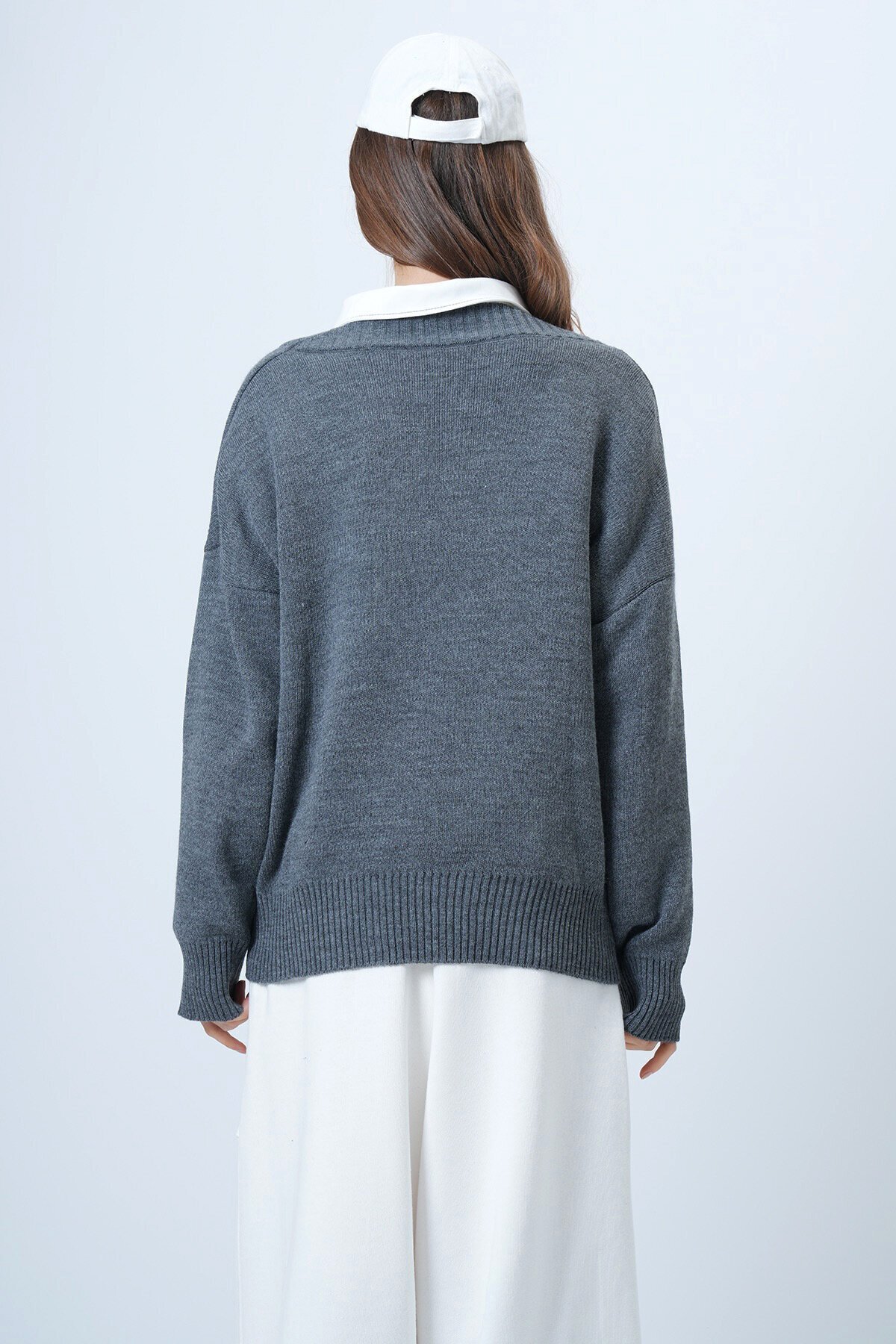 V Yaka Geniş Ribanalı Örgü Uzun Kollu Triko Kazak