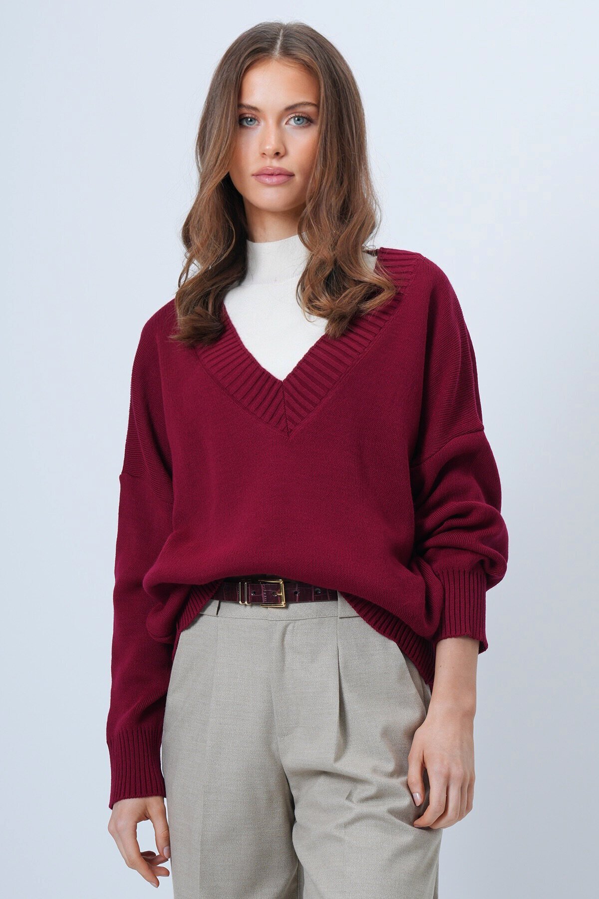 V Yaka Geniş Ribanalı Örgü Uzun Kollu Triko Kazak