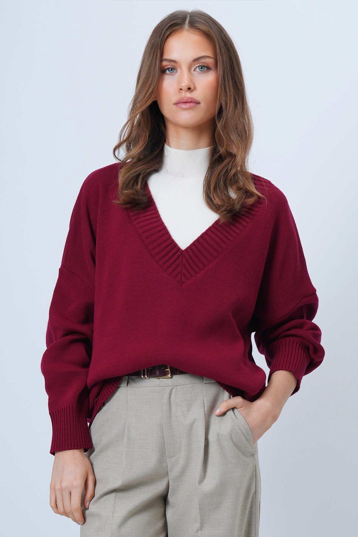 V Yaka Geniş Ribanalı Örgü Uzun Kollu Triko Kazak