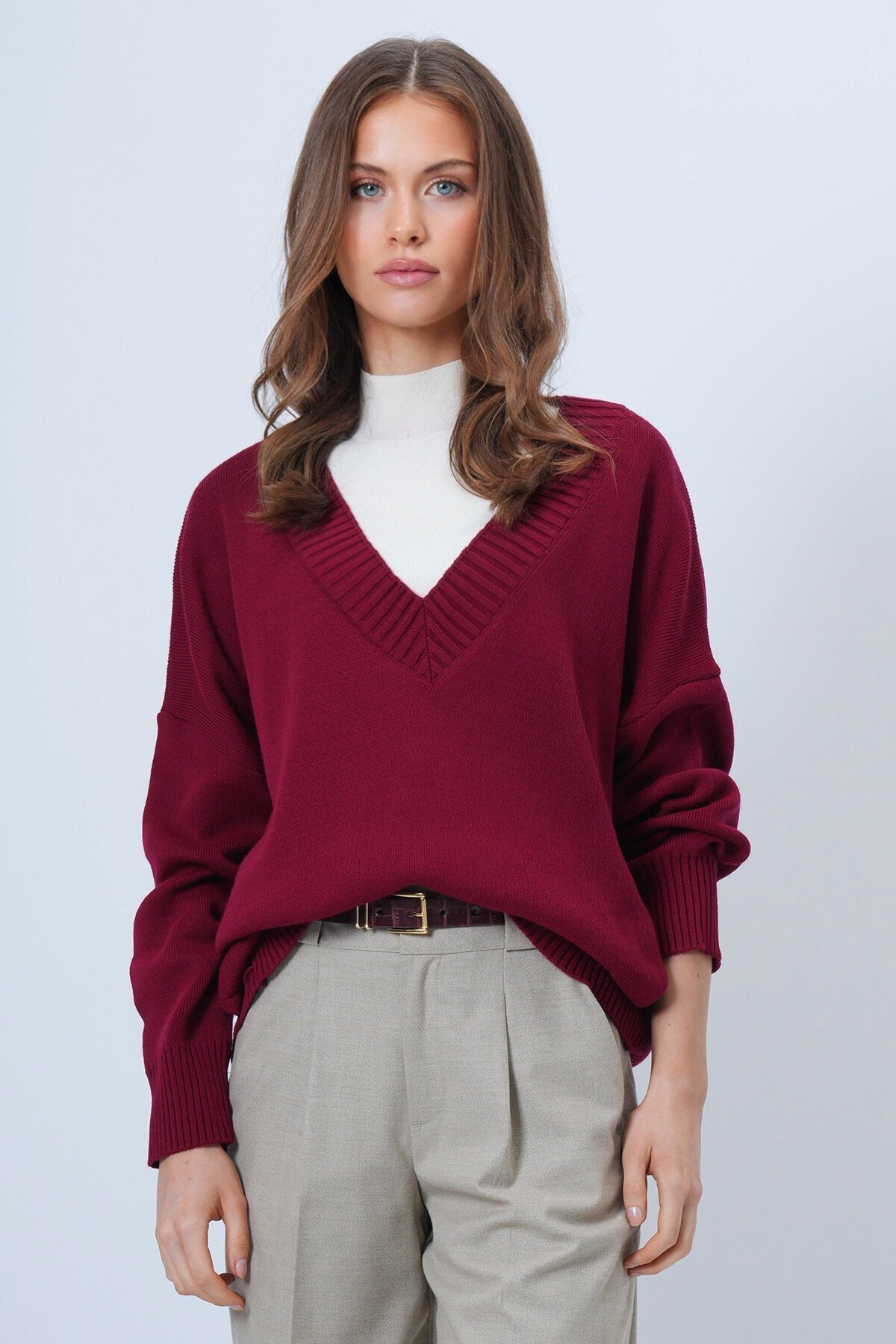 V Yaka Geniş Ribanalı Örgü Uzun Kollu Triko Kazak