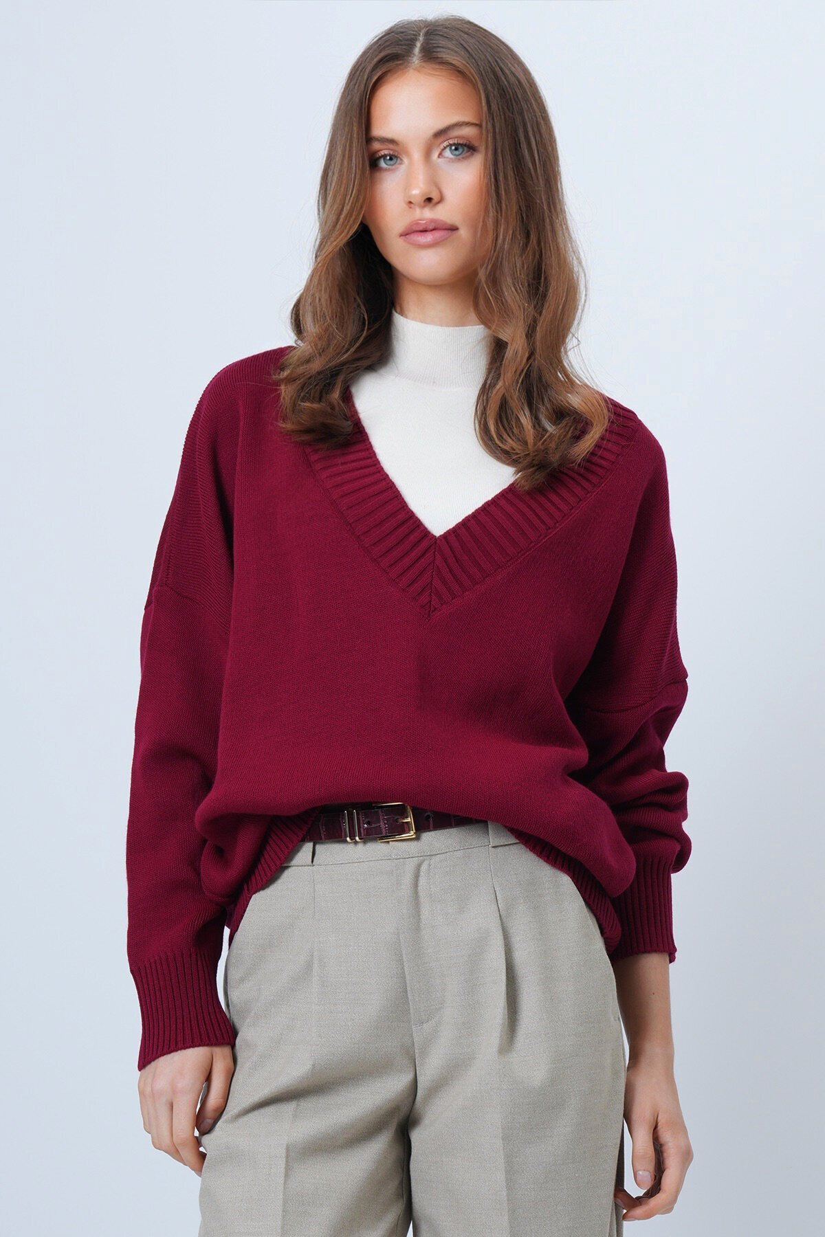 V Yaka Geniş Ribanalı Örgü Uzun Kollu Triko Kazak