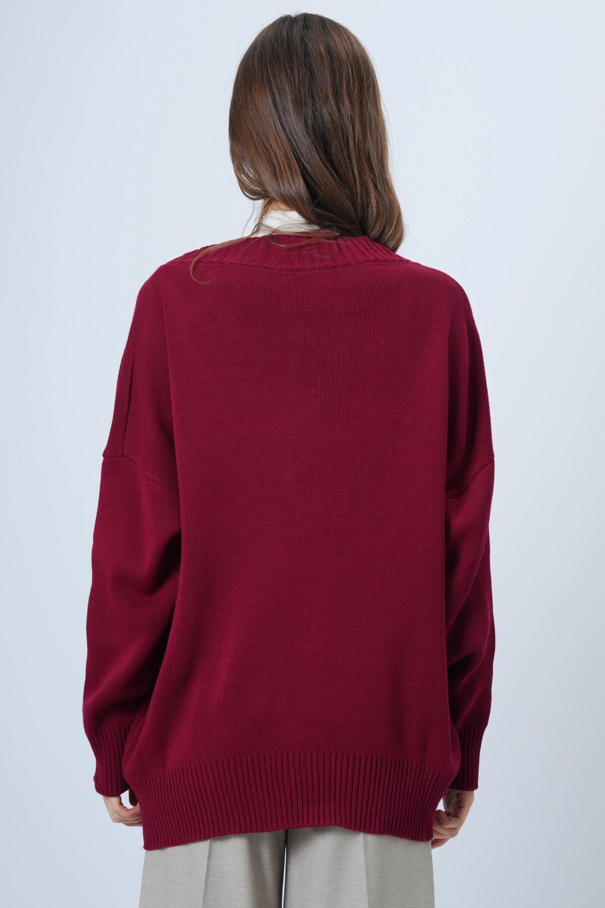 V Yaka Geniş Ribanalı Örgü Uzun Kollu Triko Kazak