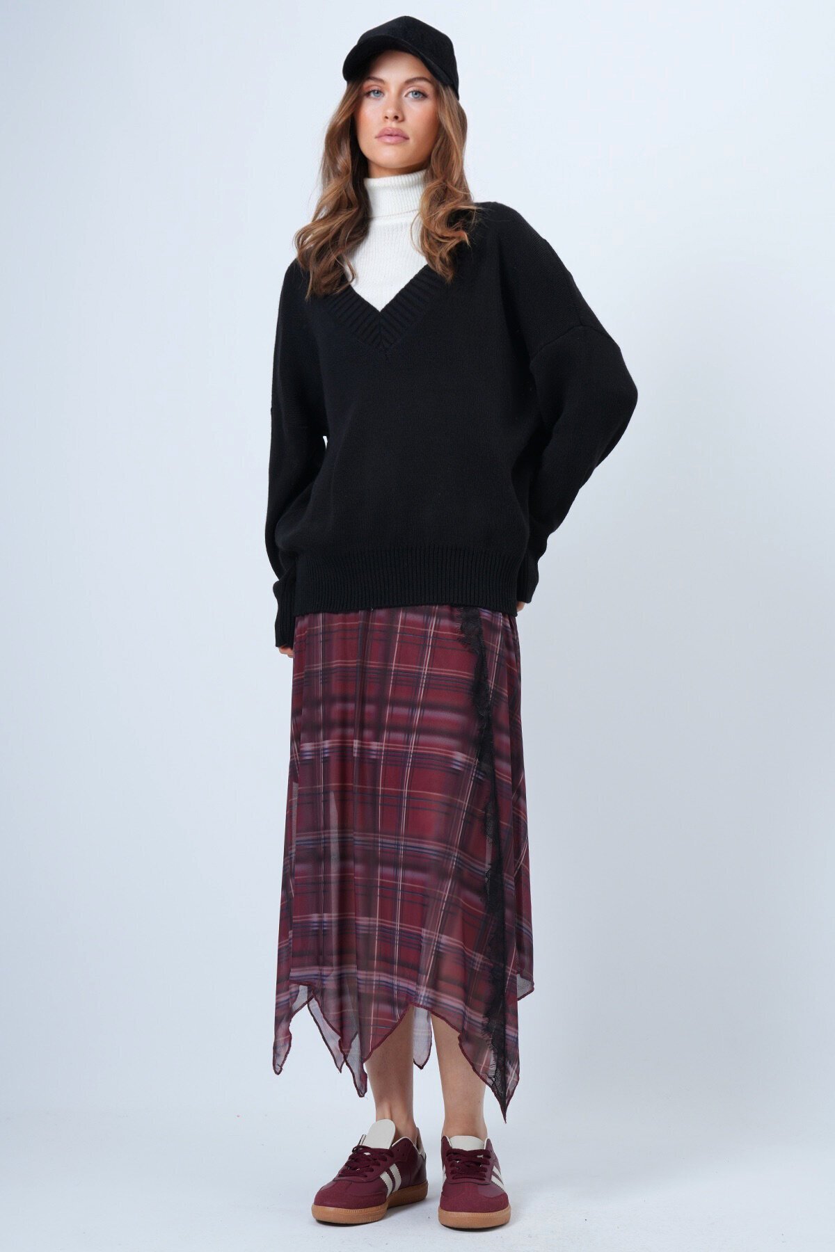 V Yaka Geniş Ribanalı Örgü Uzun Kollu Triko Kazak