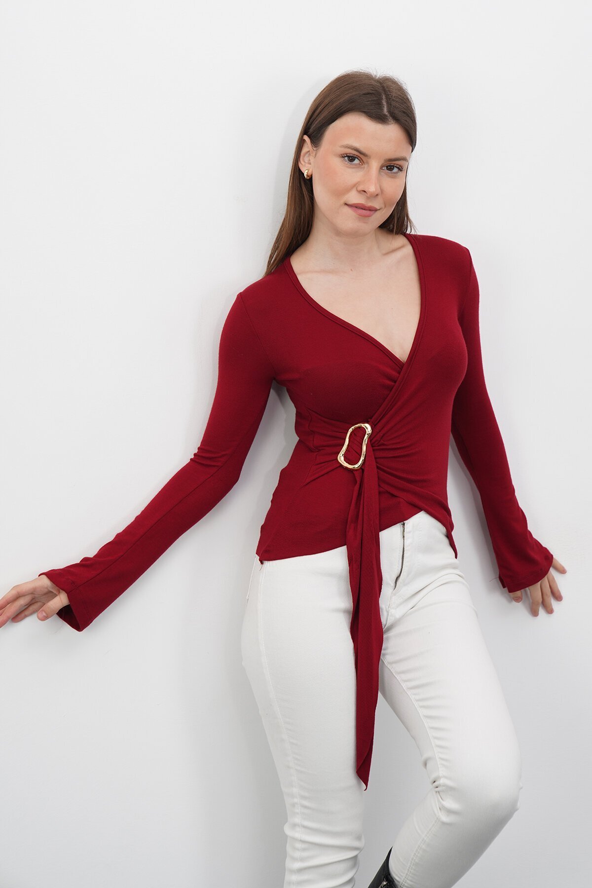 V Yaka Gold Aksesuarlı Ottaban Bluz