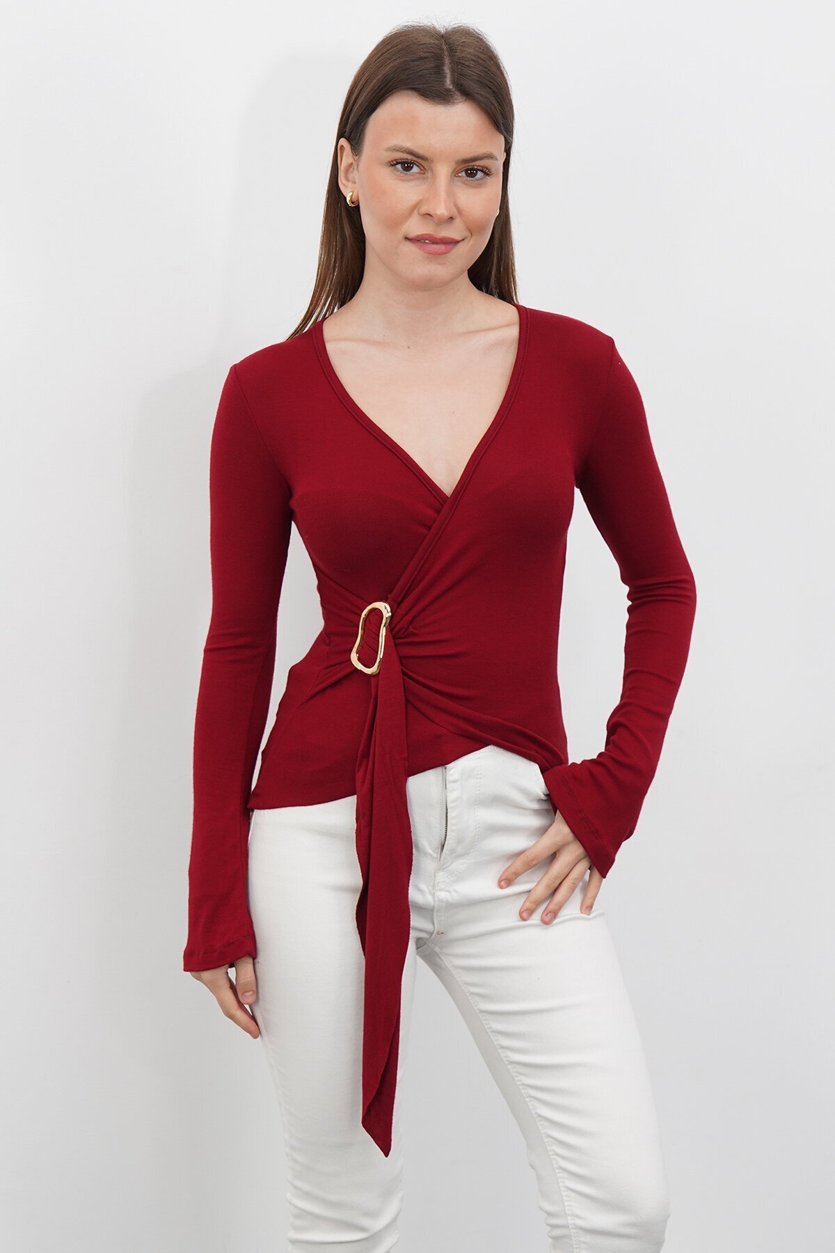 V Yaka Gold Aksesuarlı Ottaban Bluz