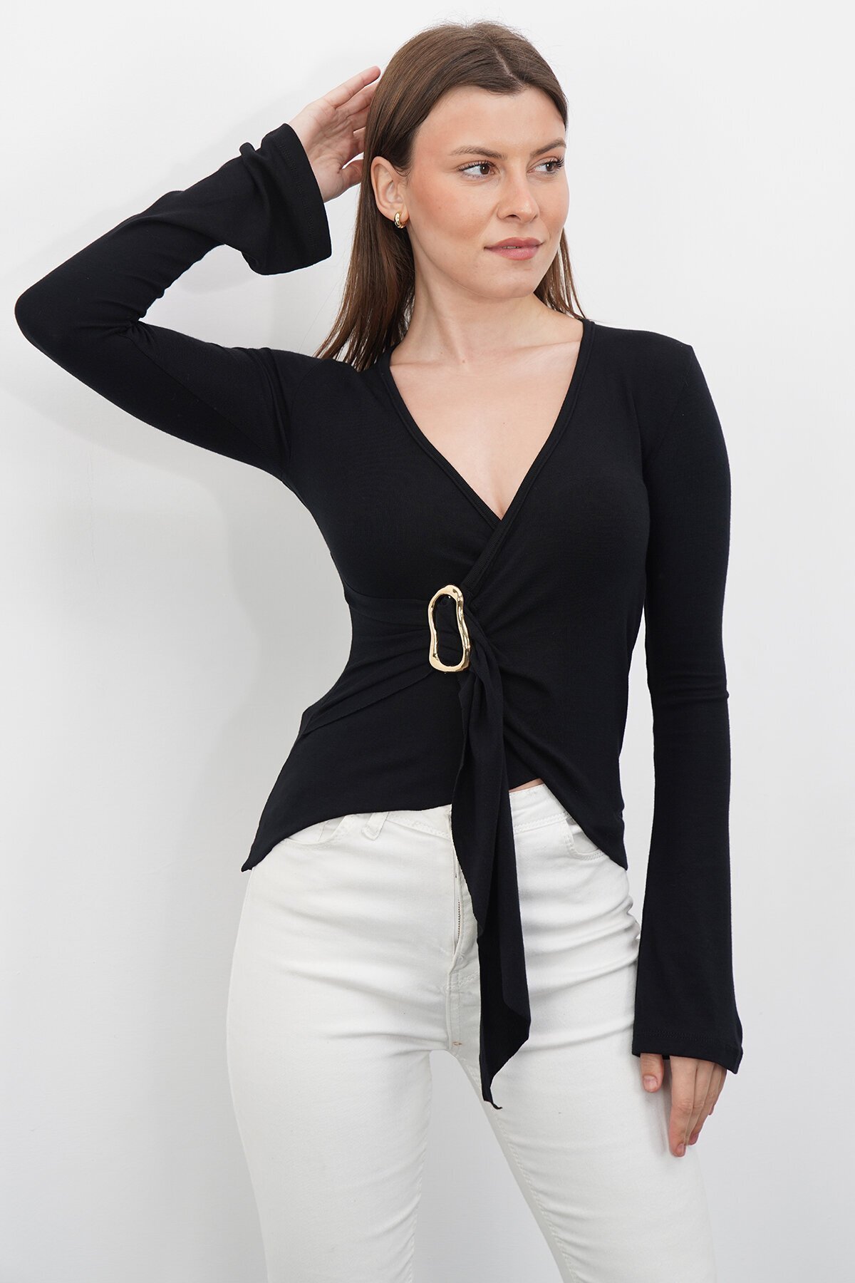 V Yaka Gold Aksesuarlı Ottaban Bluz