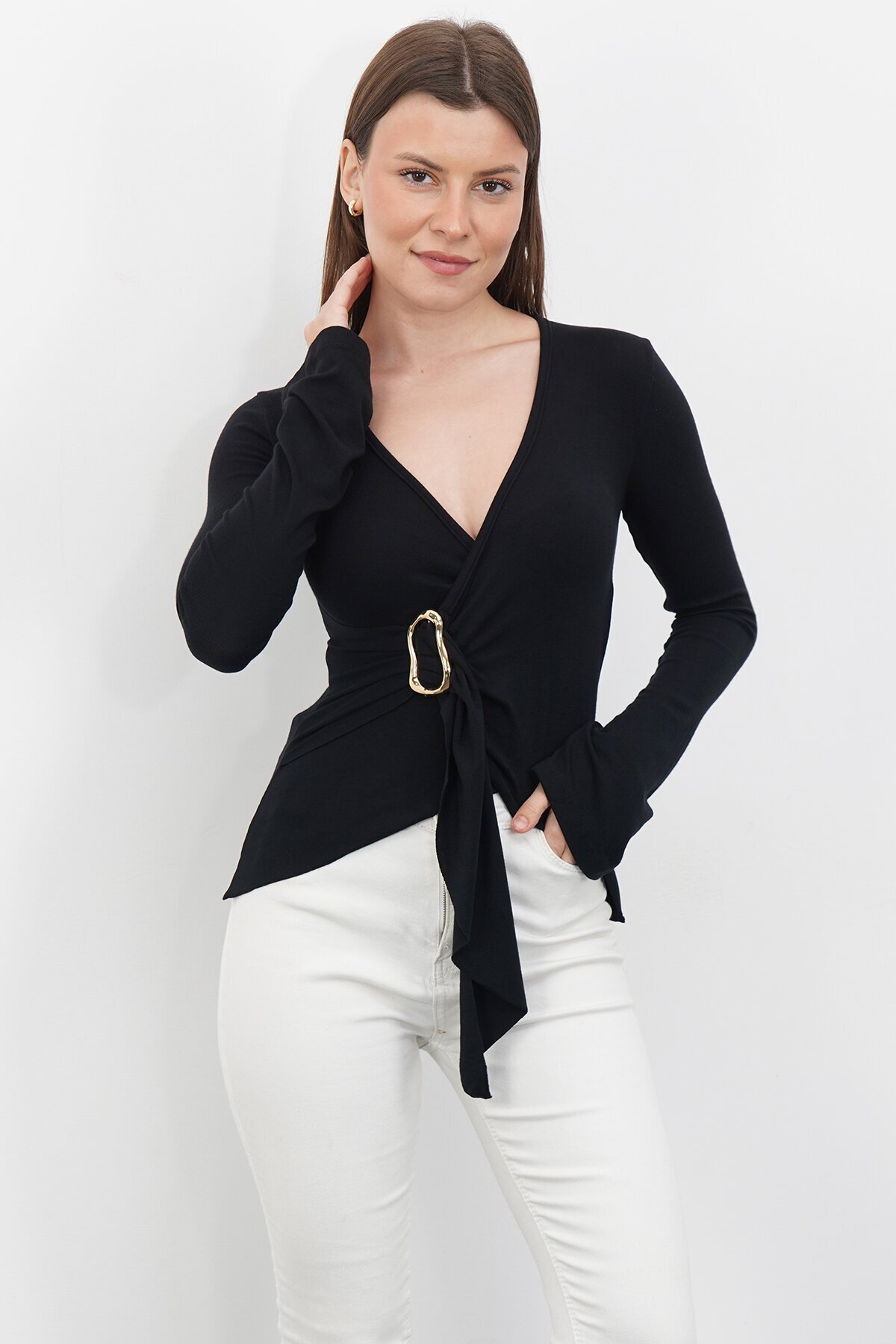 V Yaka Gold Aksesuarlı Ottaban Bluz